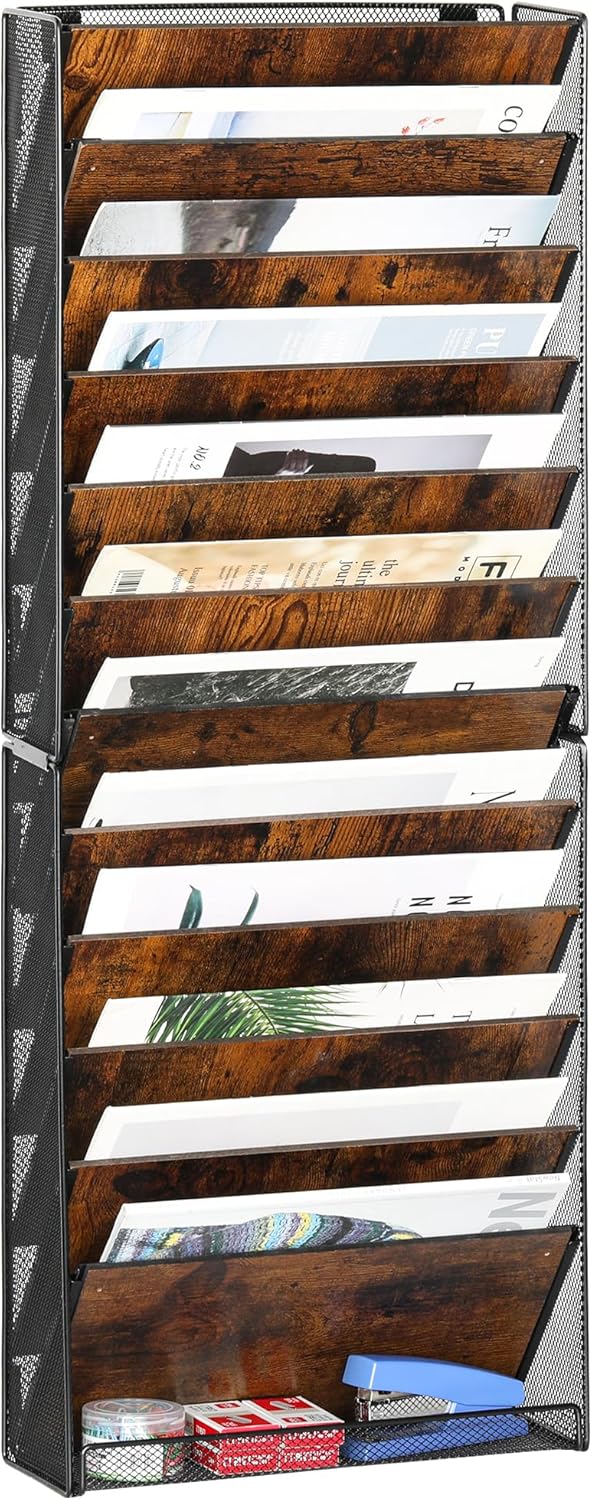 TQVAI 12-Tier Hanging Wall File Organizer - Folding Wall Mounted Mail Document Holder, Metal Clipboard Storage Rack for Office, Homeschool, Classroom Organization, Black/Vintage