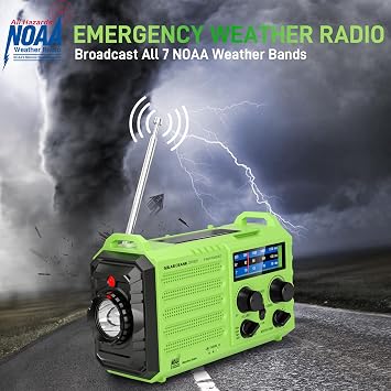 Emergency Weather Radio 18500mWh Portable AM/FM/SW/NOAA Radio with Solar Hand Crank, Rechargeable Battery, USB Charger, LED Flashlight, Reading Light, and SOS Alarm, for Home Outdoor (Green)