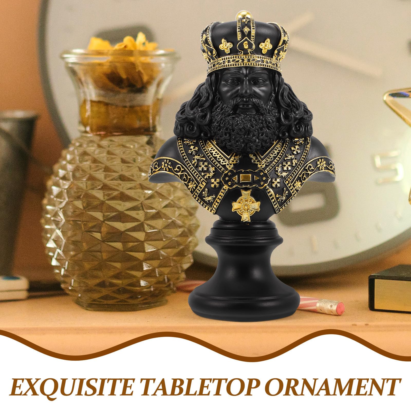 Scultura Decorativa da Tavolo a Forma di Re degli Scacchi in Resina Nera, Decorazione Elegante per Ufficio e Casa, Statua Artistica per Arredamento e Regalo Inaugurazione