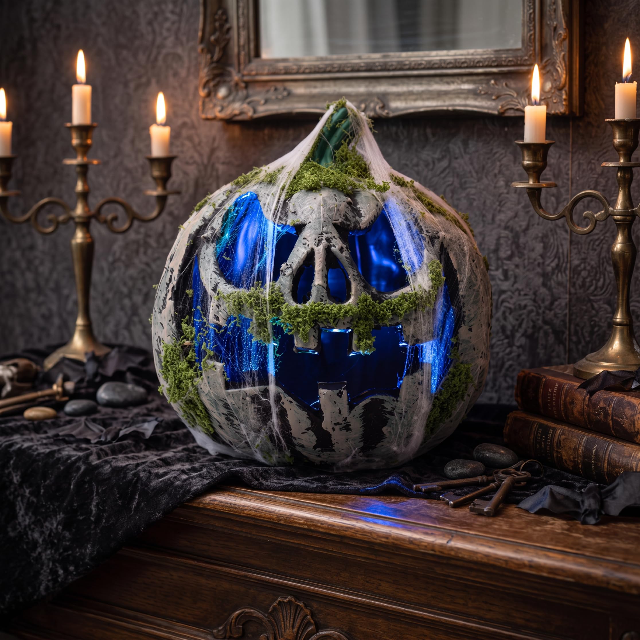 Decorazioni con zucche di Halloween, muschio illuminato e rete Jackolantern