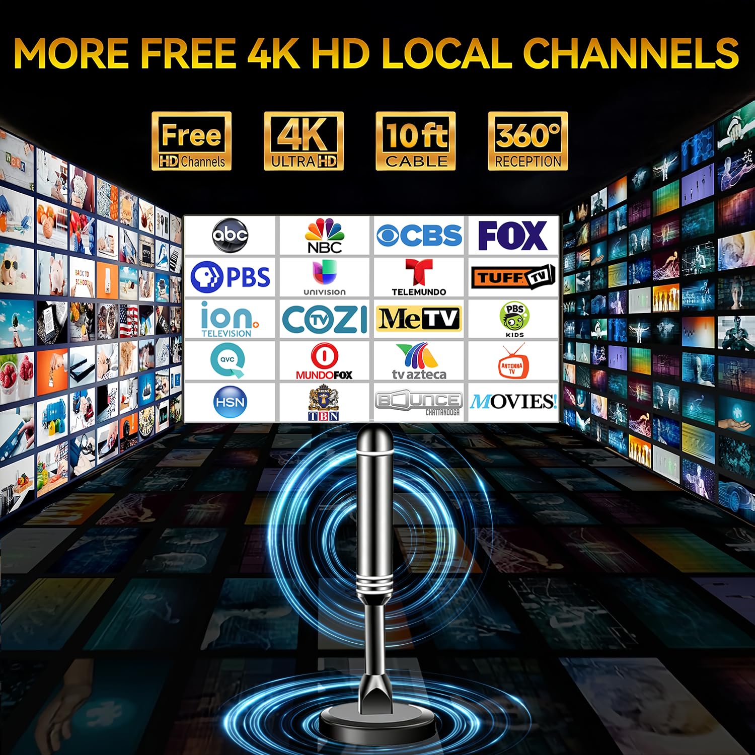 Antenna TV per interni per canali locali, antenna HDTV antenna ricezione a 360° per canali locali per Smart TV e vecchi televisori - Supporto 8K 4K 1080p