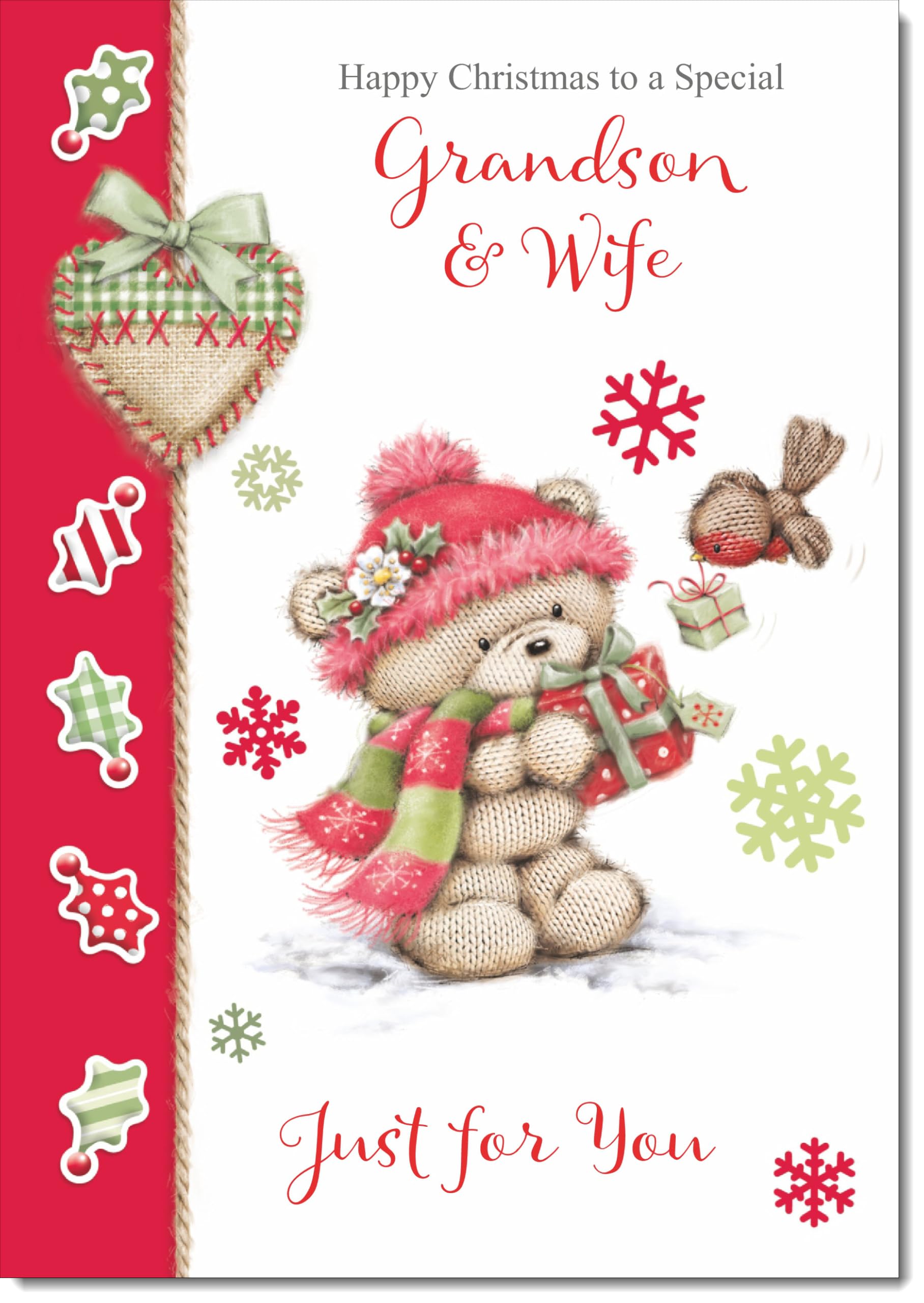 doodlecards Grandson and Wife Christmas Card Cute Bear with Red Hat Large A4 Size Christmas Card for Grandson & Wife with Plain Envelope โ image 1