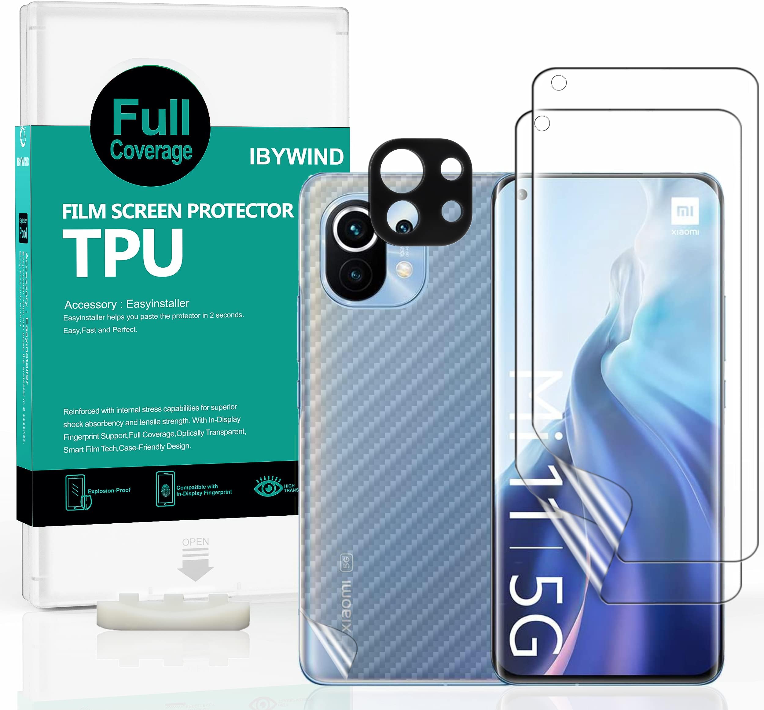 For Xiaomi Mi 11 5G Screen Protector 2 Pcs,Flexible TPU Film,With 1Pc Camera Lens Protector,1Pc Back Film[Easy to install]