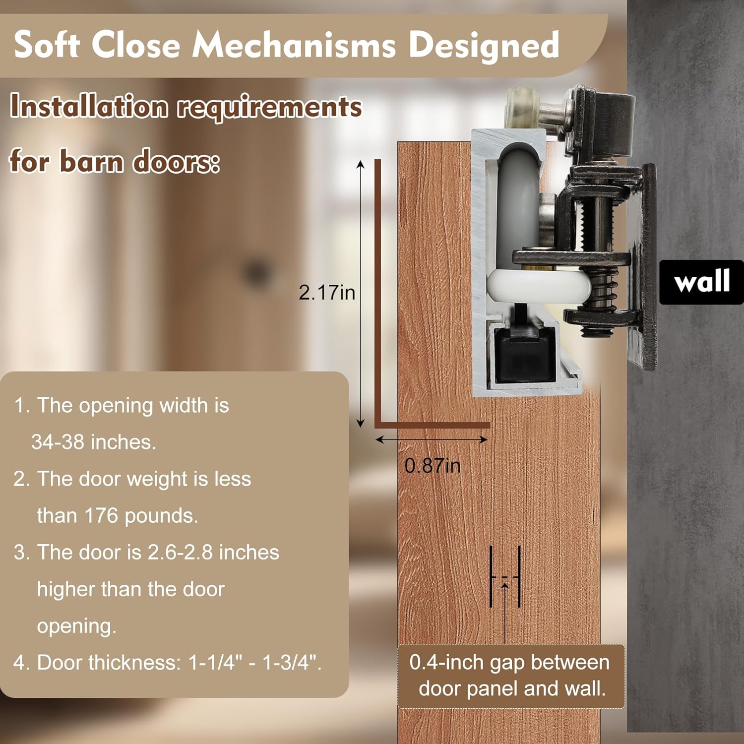 42" Concealed Sliding Barn Door Hardware Kit with Soft Close Mechanism for 34"-38" Passage Opening, Hidden Sliding Door Hardware, Floating Wall Mounted (NO Door)