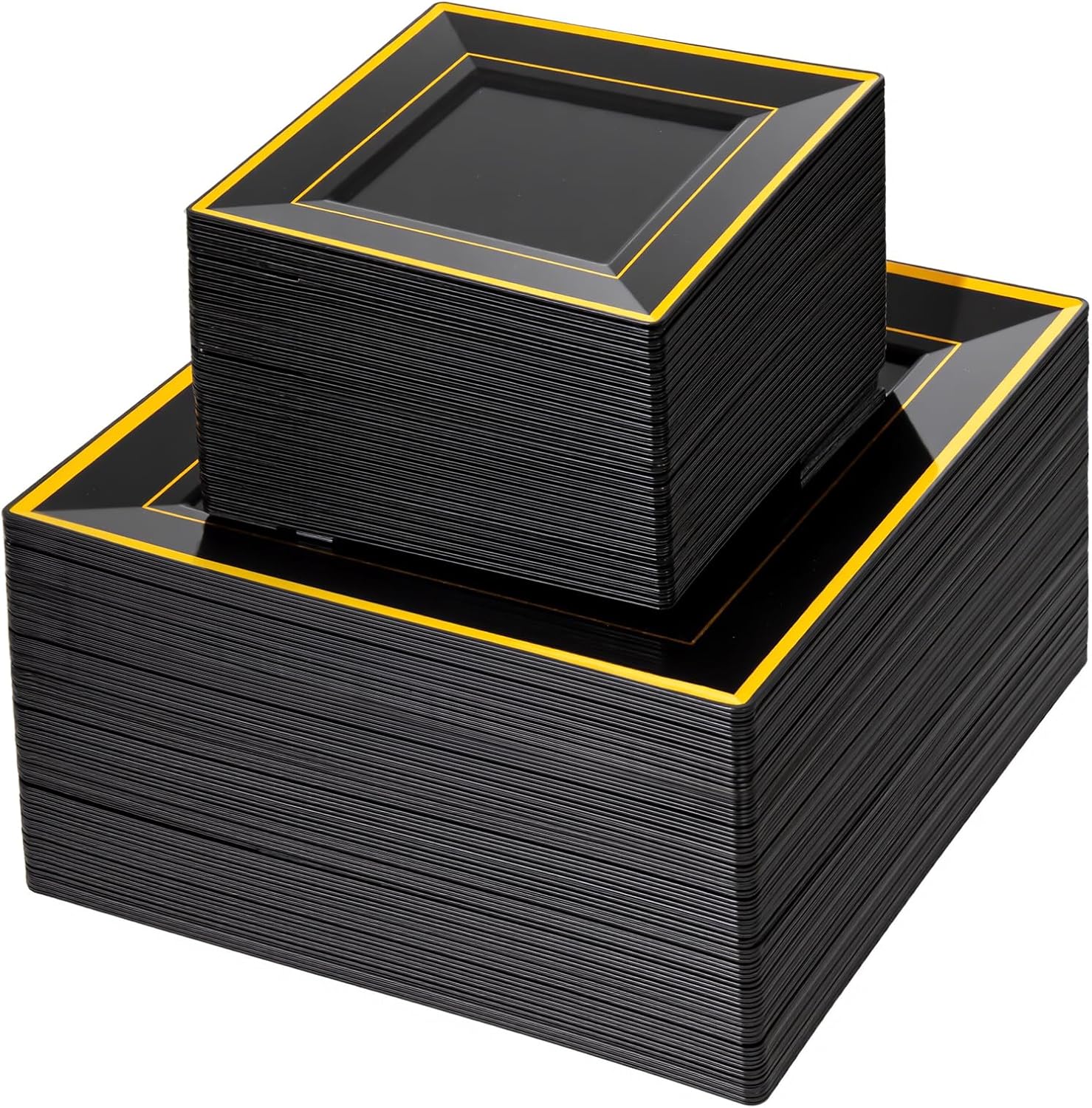 Liacere 100PCS Black and Gold Square Plastic Plates-50PCS Dinner Plate and 50PCS Dessert Plate-Durable Fancy Disposable Plates for Party & New Year & Martin Luther King Jr. Day