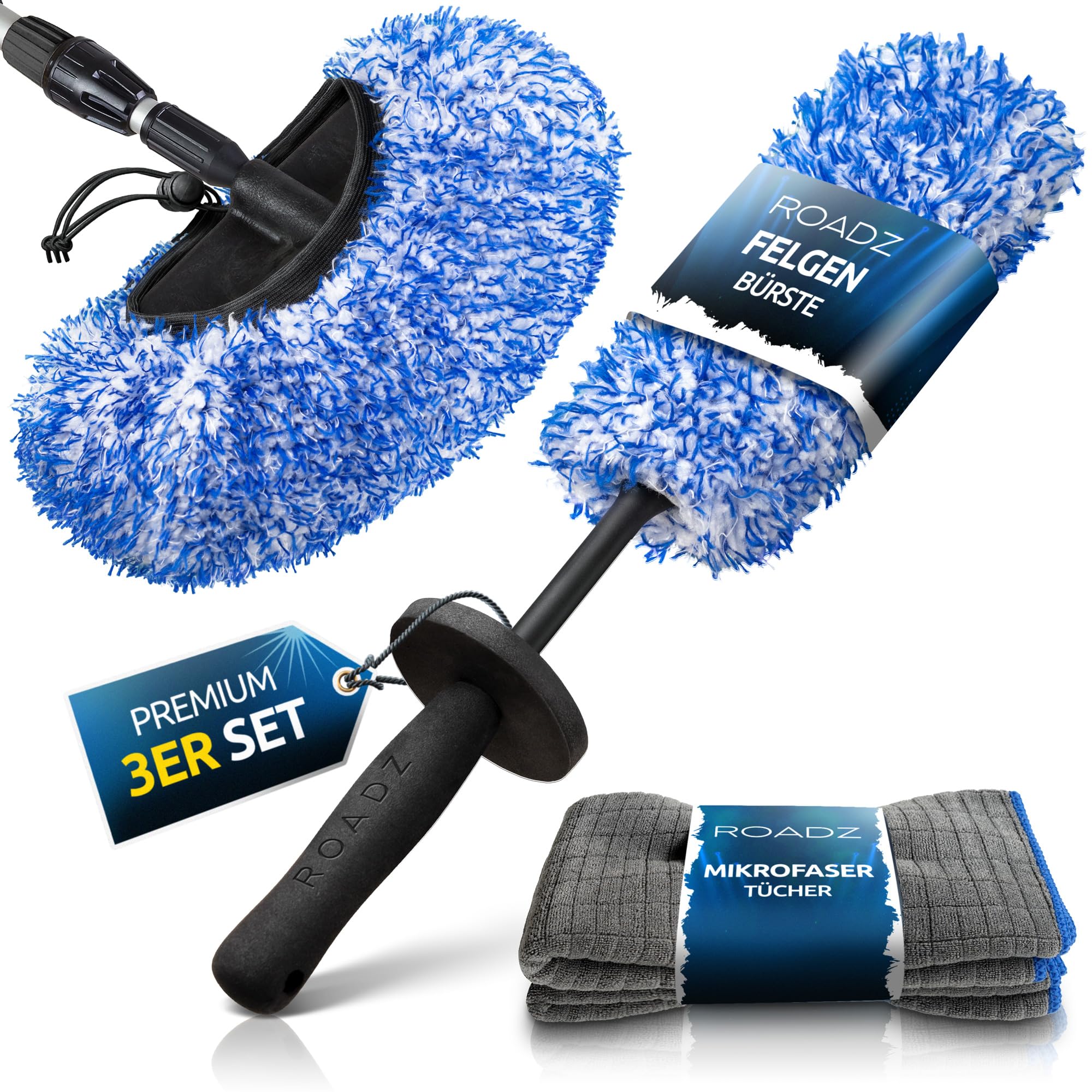 ROADZ® Premium 3in1 Reinigungsset Auto - mit Felgenbürste & Waschbürstenüberzug für maximale Ergebnisse - super saugfähig & extra weich - 2 extra Mikrofasertücher - Waschset - Brushcover Car Wash Set