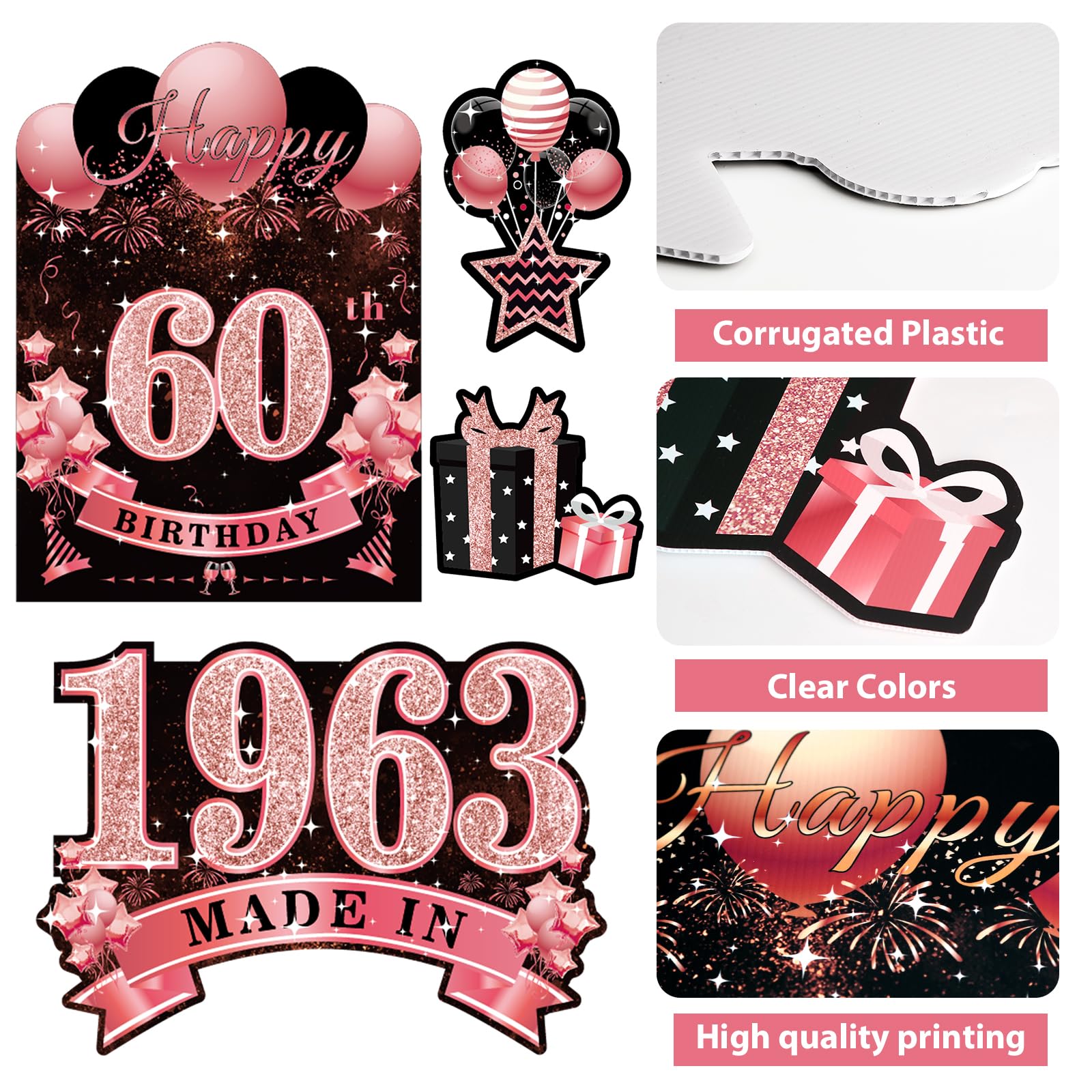 60th Birthday Signs Rose Gold Birthday Party Decorations - 4pcs Happy Birthday Yard Signs with Stakes for Women,60th Birthday Yard & Lawn Decorations,Made in 1963 Funny Bithday Backdrop Party Supplies