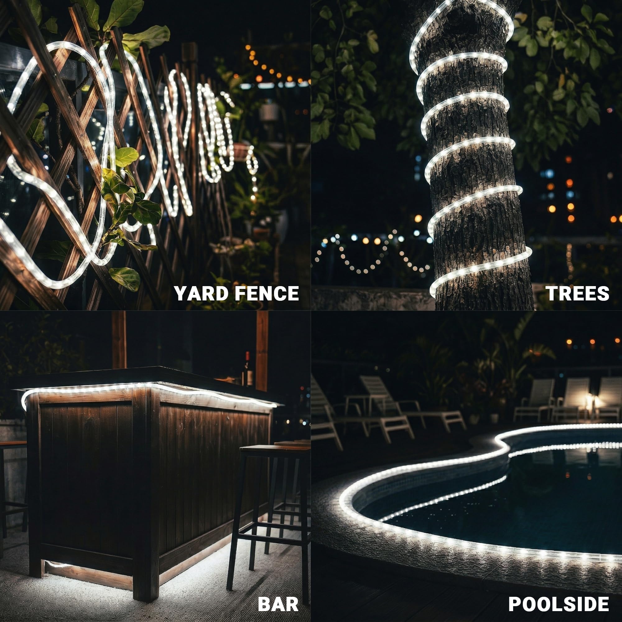 Cuerda de luces LED impermeables, conectable y flexible con 8 modos, iluminación exterior para cubierta, jardín, piscina, patio y decoración de Navidad (blanco, 20 pies)