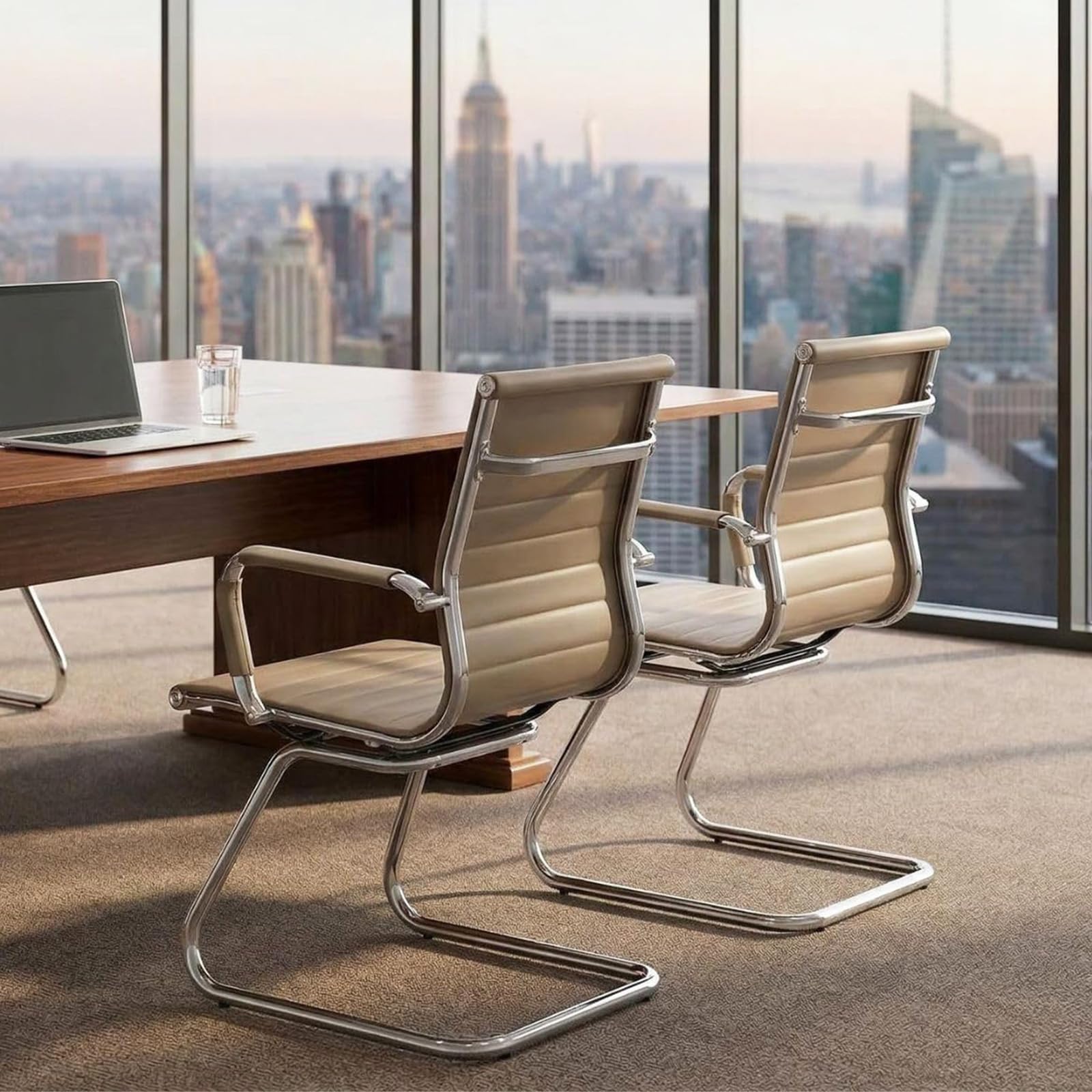 Reception Chairs No Wheels Leather Conference Chair Heavy Duty Back Support Office Guest Chair, Set of 2 (Light Brown)