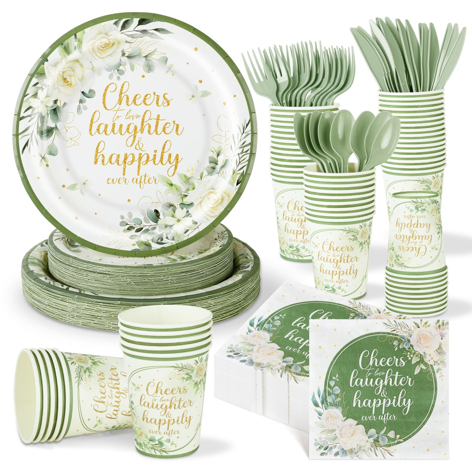 350 Pcs Eucalyptus Leaves Bridal Shower Paper Plates Napkins Cups Disposable Sage Green Tableware Set With Knives Forks Cheers to Love Party Favors