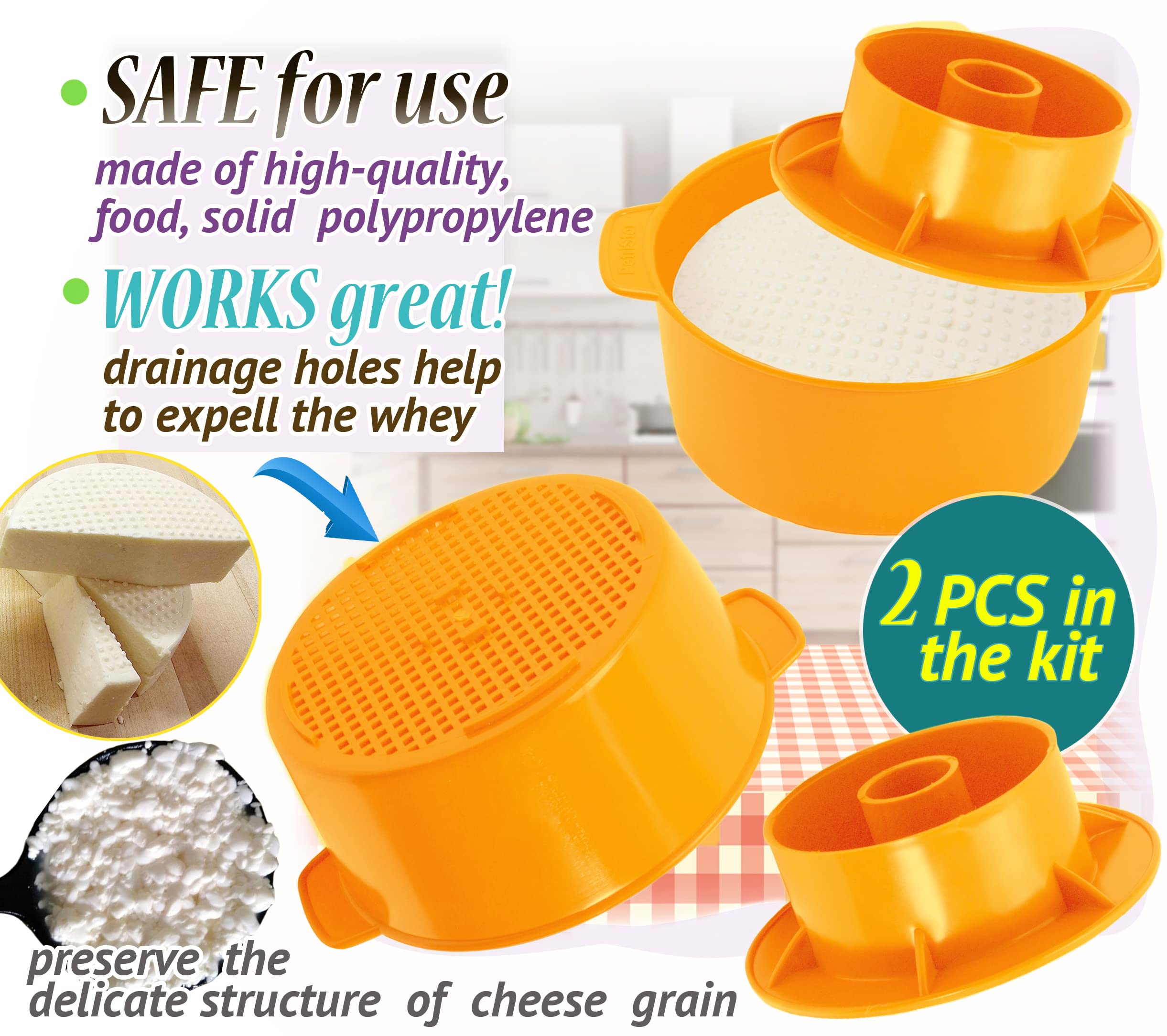 PetriStor 2-teiliges Käseherstellungs-Set, Butter-gestanzt, Cheese-Formpresse, Sieb, Käse mit Kolben, 1,2 Liter, Tofu-Pressform, Käseherstellungs-Set, Maschinenfarbe: Gelb