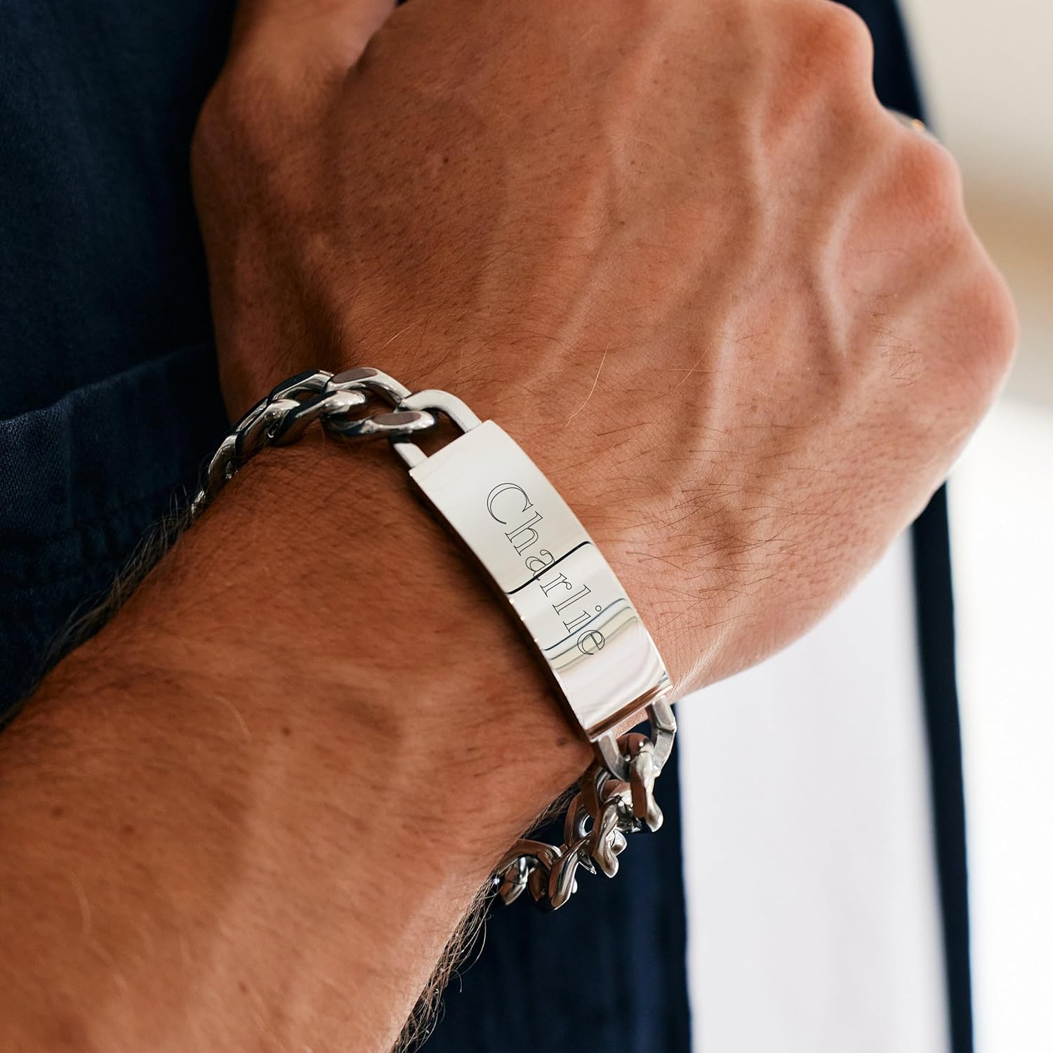 EVE'S ADDICTION Men's Personalized ID Name Bracelet - Custom Engraved Bracelet for Him - Stainless Steel Jewelry - Custom Jewelry for Him - Gifts for Dad