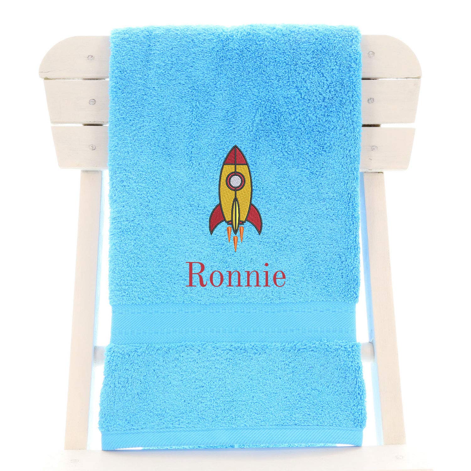 aztex Personalised Children's 100% Cotton Bath Towel with Rocket Logo & Name, 550gsm, 70cm x 130cm - Turquoise