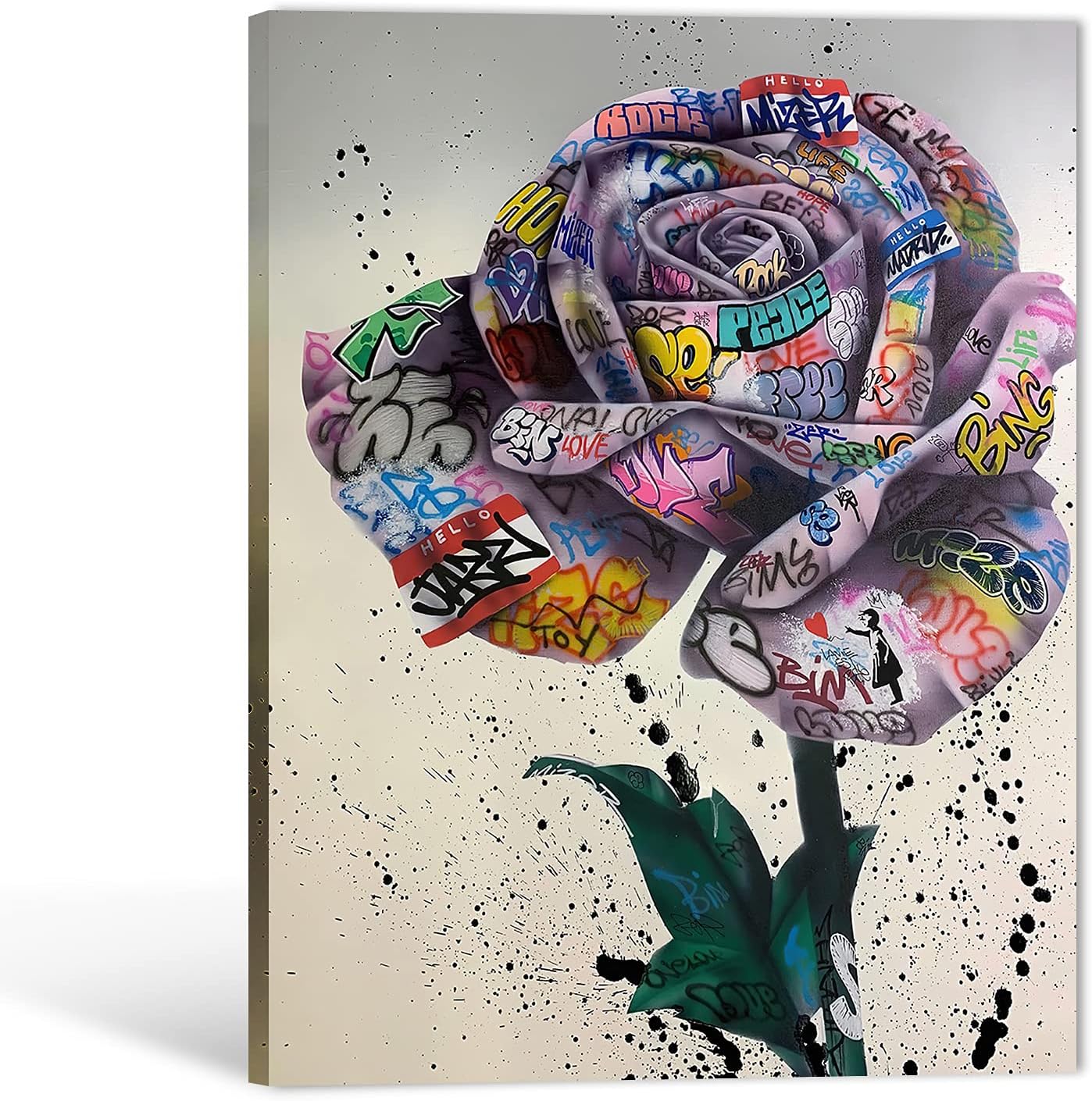 Graffiti Canvas Wall Art - Graffiti Pop Street Art Rose Picture Canvas Prints for Wall Decor, Cool Graffiti Framed Artwork for Boys Bedroom Man Cave Ready to Hang 18x24 Inches Cool Graffiti Wall Art - 03 24L" x 18W"