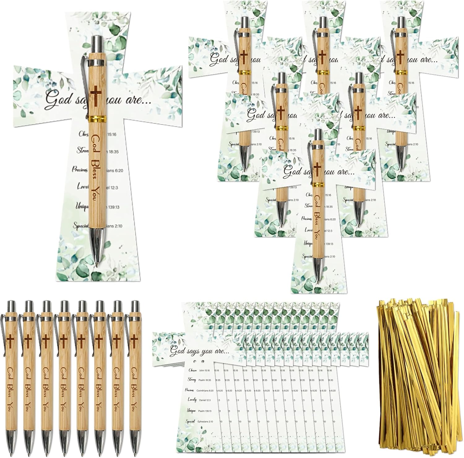 Whaline 50 Sets Christian Party Favor Supplies Greenery Cross Cards Bible Verse Retractable Ballpoint Pens Inspirational Pens Twist Ties for First Communion Baptism Party Gifts