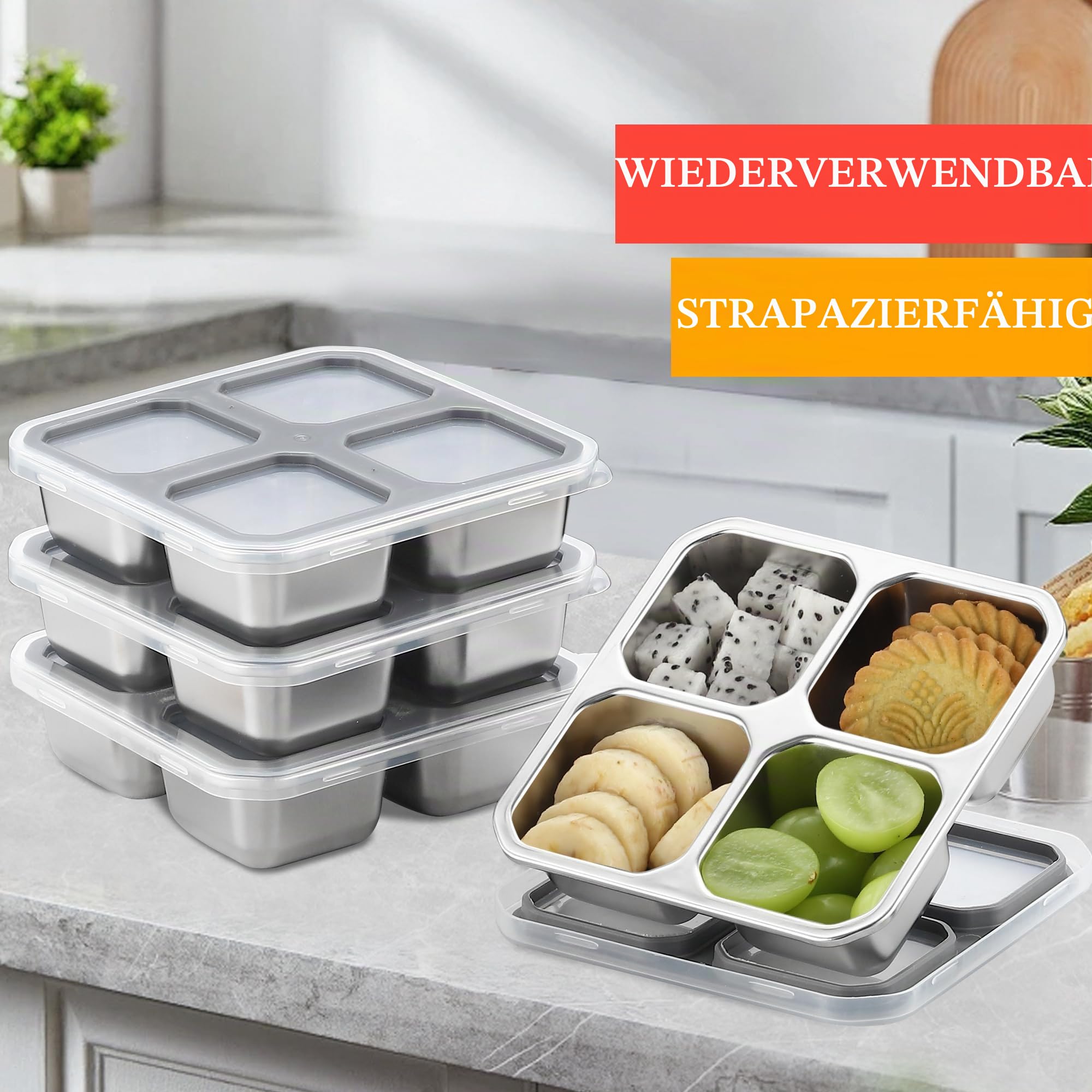 Misichao Snackbox mit 4 Fächern Edelstahl, 400ml Snackdose für Kinder & Erwachsene, Wiederverwendbare Lunchbox Bento Box mit Fächern für Schule, Arbeit & Camping