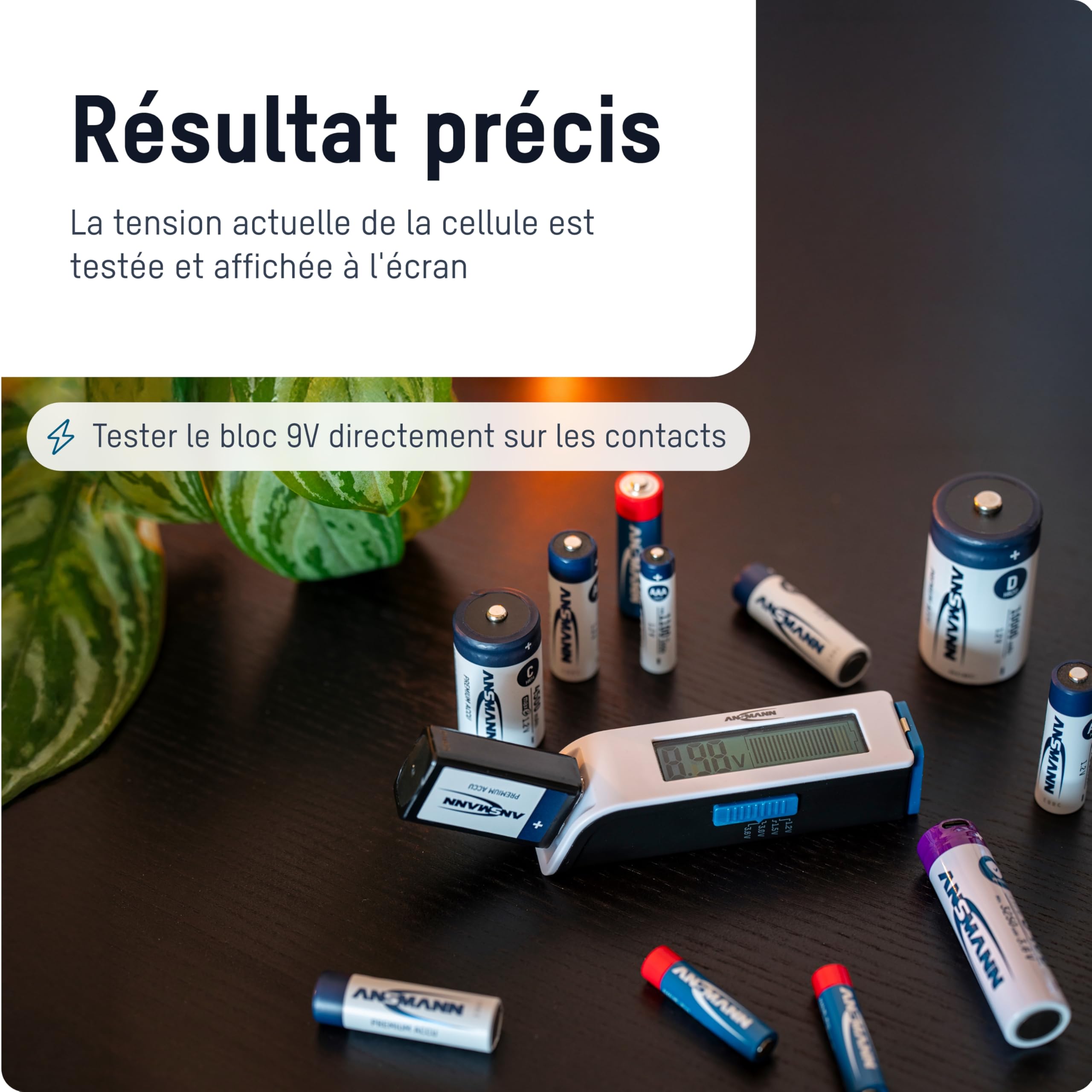 ANSMANN Testeur de piles pour piles rechargeables, piles & piles bouton au lithium usuelles (plus grandes que 2025) résultats précis sur écran LCD, test rapide & facile, Comfort Check compact