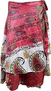 Womens Wrap Around Skirt 2 Layer Printed Reversible Long Skirts Boho Magic Cover Up Dress One Size Pink