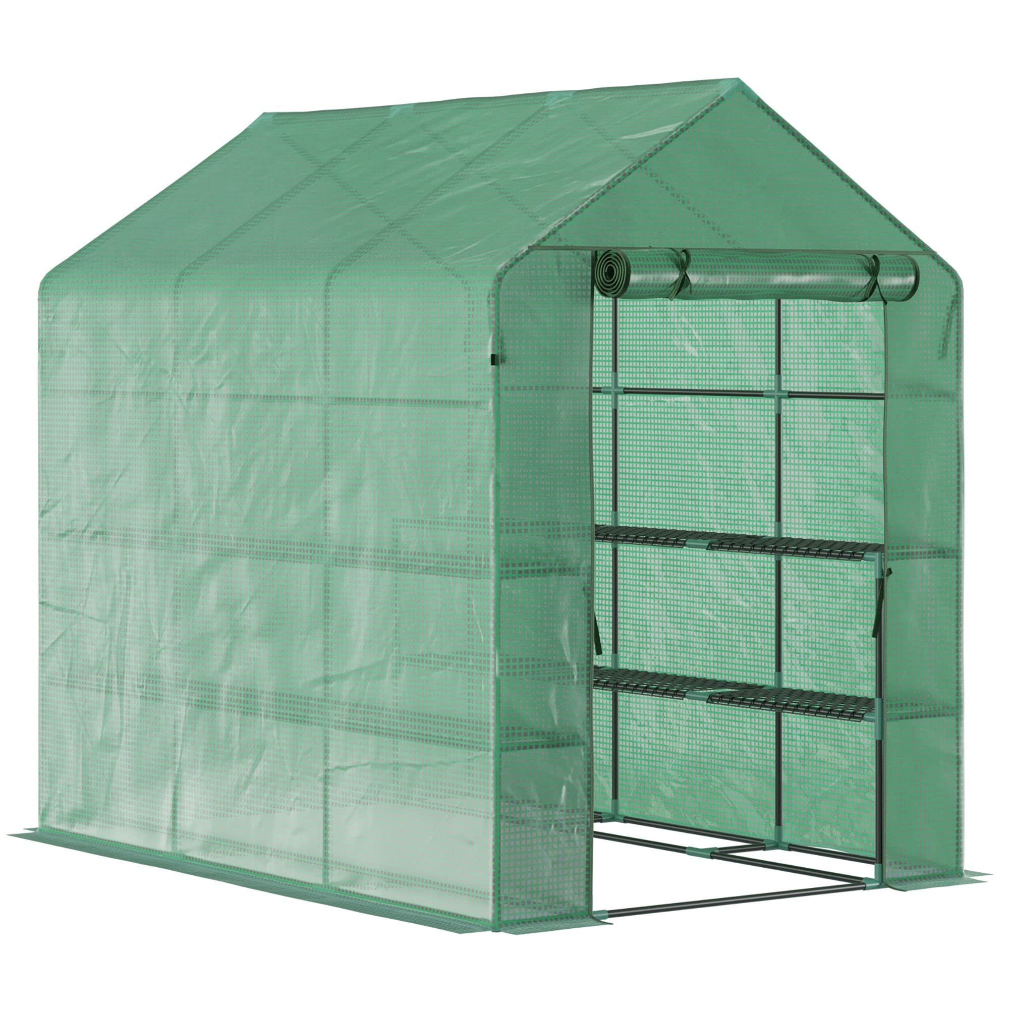 Outsunny 7' x 5' x 6.5' Walk-in Greenhouse, PE Cover, 2-Tier Shelves, Steel Frame Hot house, Roll-Up Zipper Door for Flowers, Vegetables, Saplings, Tropical Plants, Green