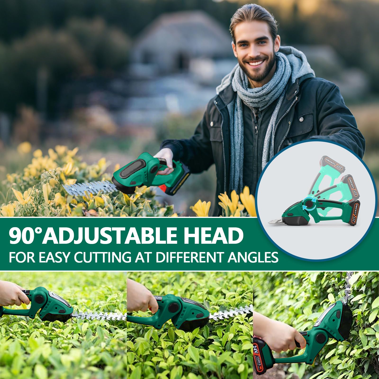 ROCKY&CHAO Taille-haie et cisaille à gazon sans fil 24 V 2 en 1 avec 2 batteries de 1500 mAh, lames SK5 de 12 cm/23 cm, cisaille à gazon pratique pour jardin et pelouse