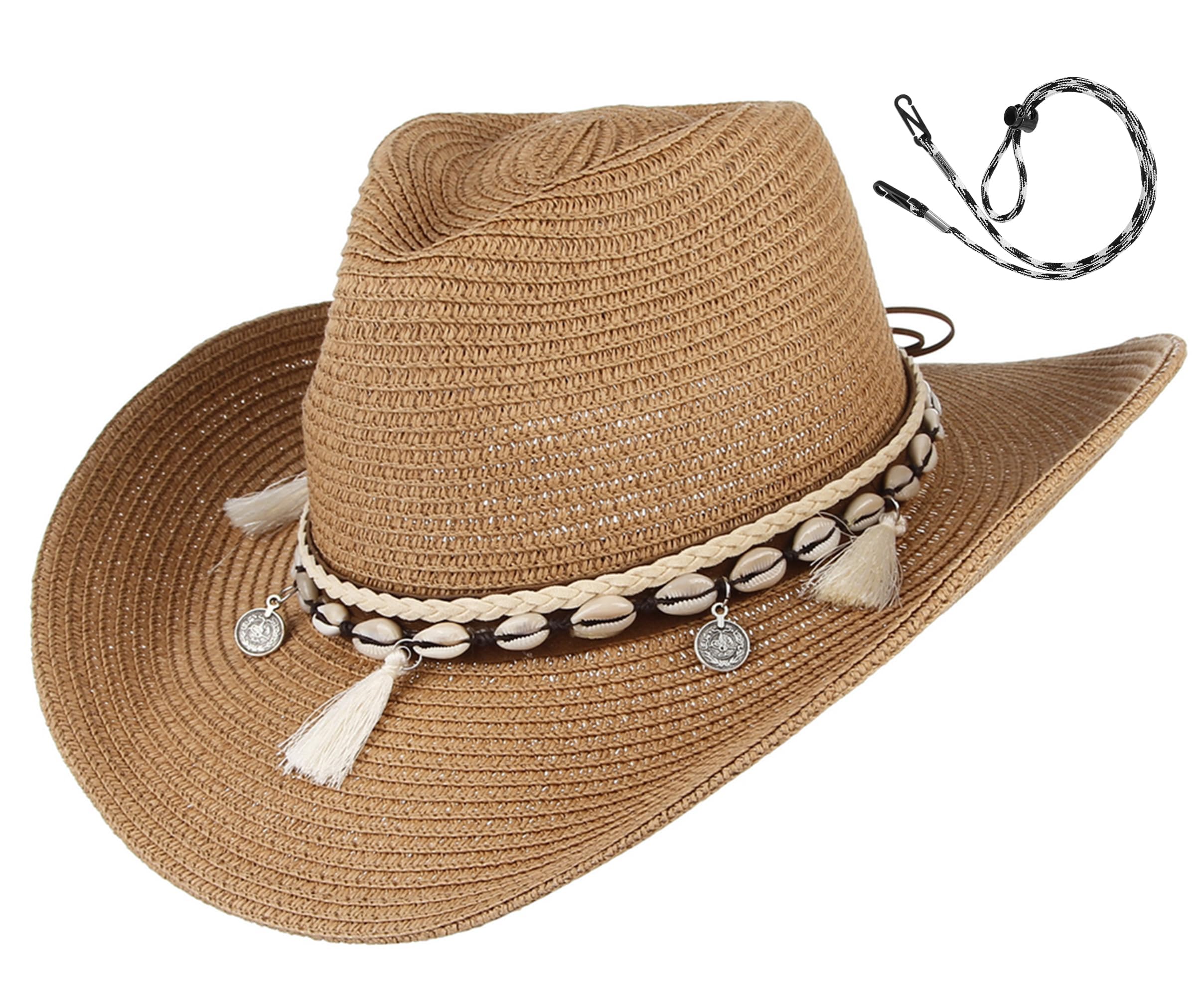GEMVIE Women's Summer Straw Cowboy Cowgirl Hat Sun Hats Wide Brim Beach Holiday Straw Hat with Shell Band Khaki