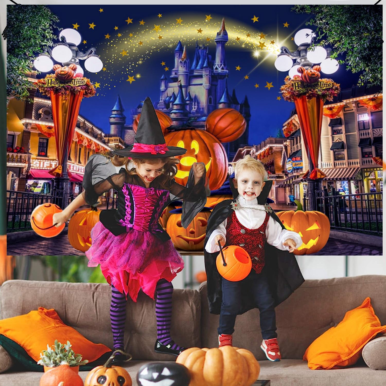 Geisterkürbis-Fotohintergrund, 180x110 Cm – Halloween-Deko Für Zuhause, Aus Polyester, Mit Aufhänge-Ösen