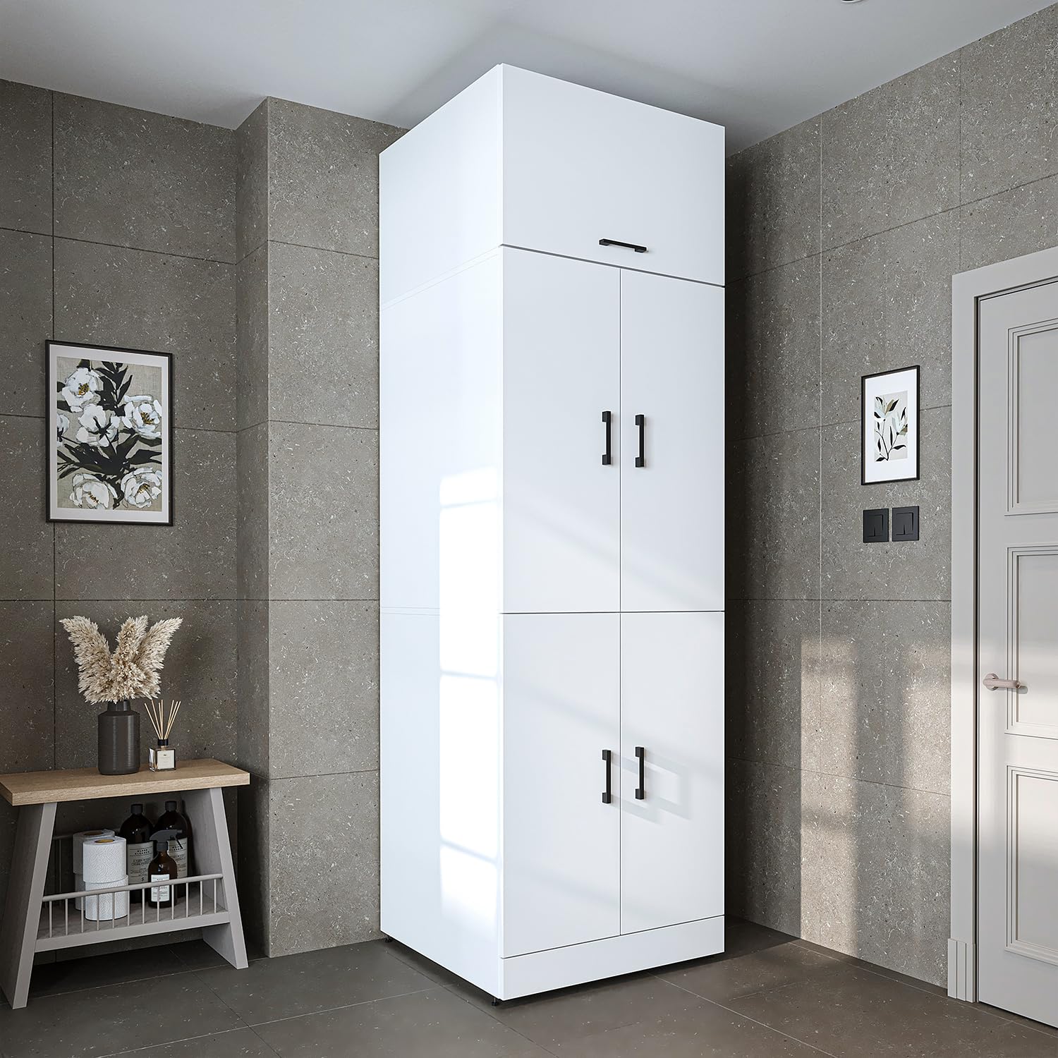 ROOMART Mobile per lavatrice Dora per asciugatrice e lavatrice, in 4 colori, con ante e ripiano estraibile (-bianco, altezza 230 cm)