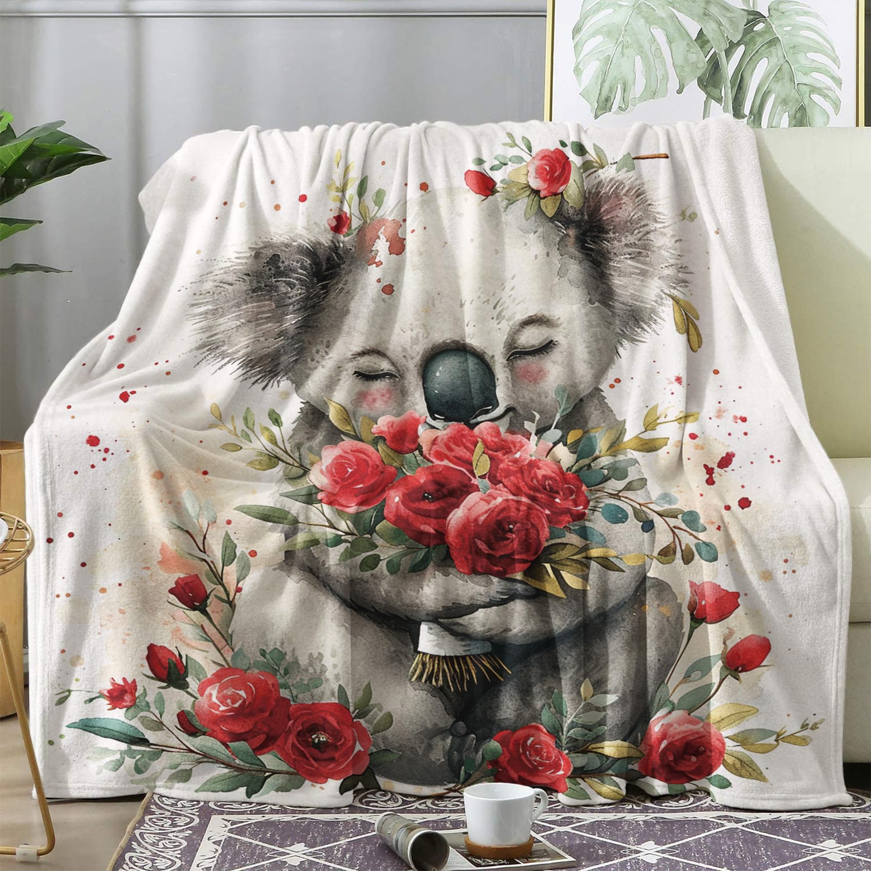 ZyQfiaton Koala Blanket Twin for Couch Bed Sofa, Red Rose Throw Blanket for Women, Safari Animal Flannel Blanket Soft, Plush, Fuzzy, Cozy, Warm Home