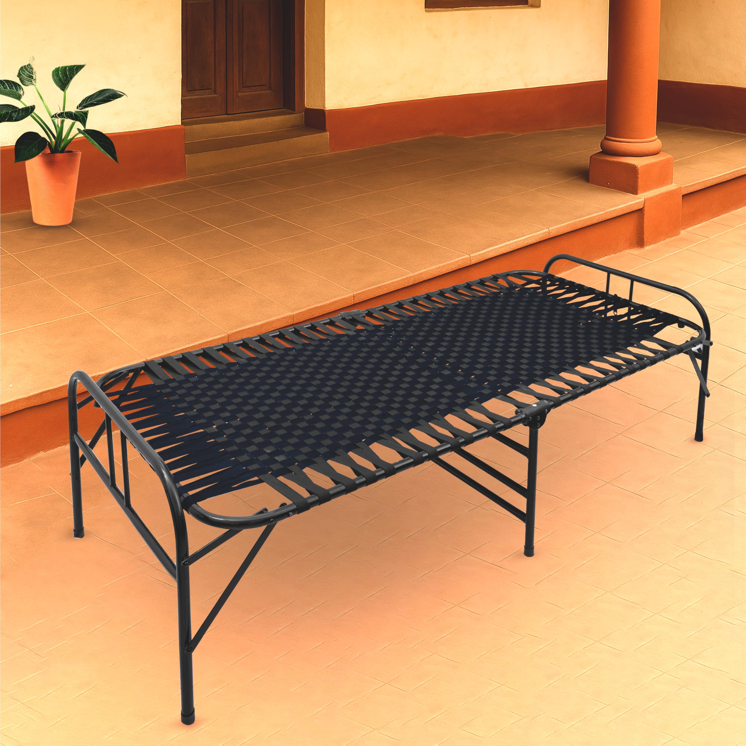 Casa Copenhagen, Portable Single Folding Bed Heavy Duty Metal Cot Khat for Sleeping Bed Space Saving Design Sturdy Synthetic Niwar feet - Jet Black & Black-image-8