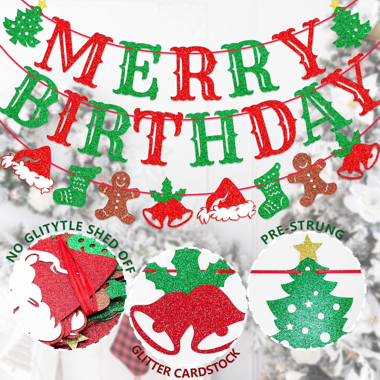 Merry Birthday Banner, Pre-Strung Christmas Birthday Party Decorations, Christmas Party Banner, Red and Green Glitter