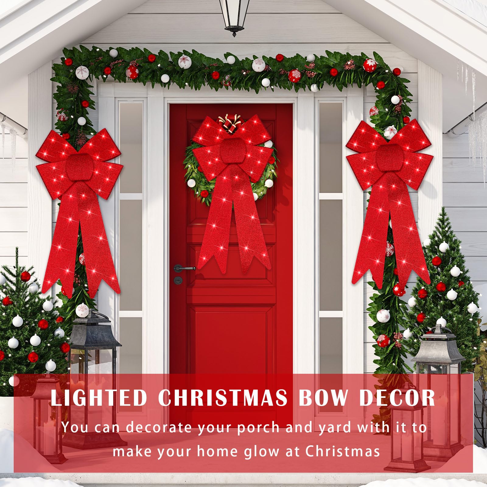 Liliful 3 fiocchi illuminati a LED per ghirlande natalizie, 45 x 25 cm, grandi, glitterati, decorazione per albero di Natale, decorazione per casa, interni ed esterni, feste (rosso)
