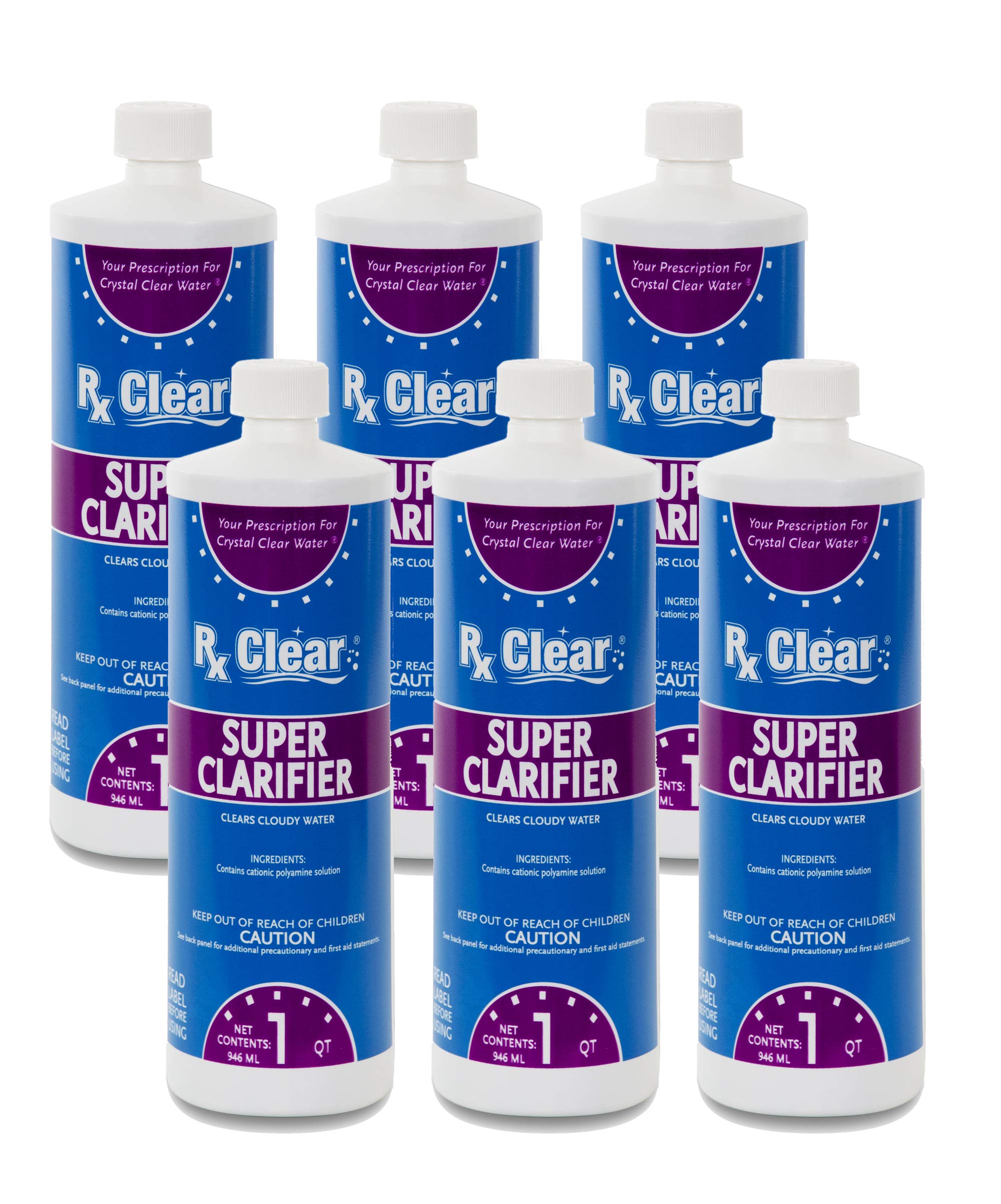 Rx ClearSuper Strength Clarifier | Clears Cloudy Water for Above Ground Or In-Ground Swimming Pools and Spas | 1 Quart Bottle | 6 Pack