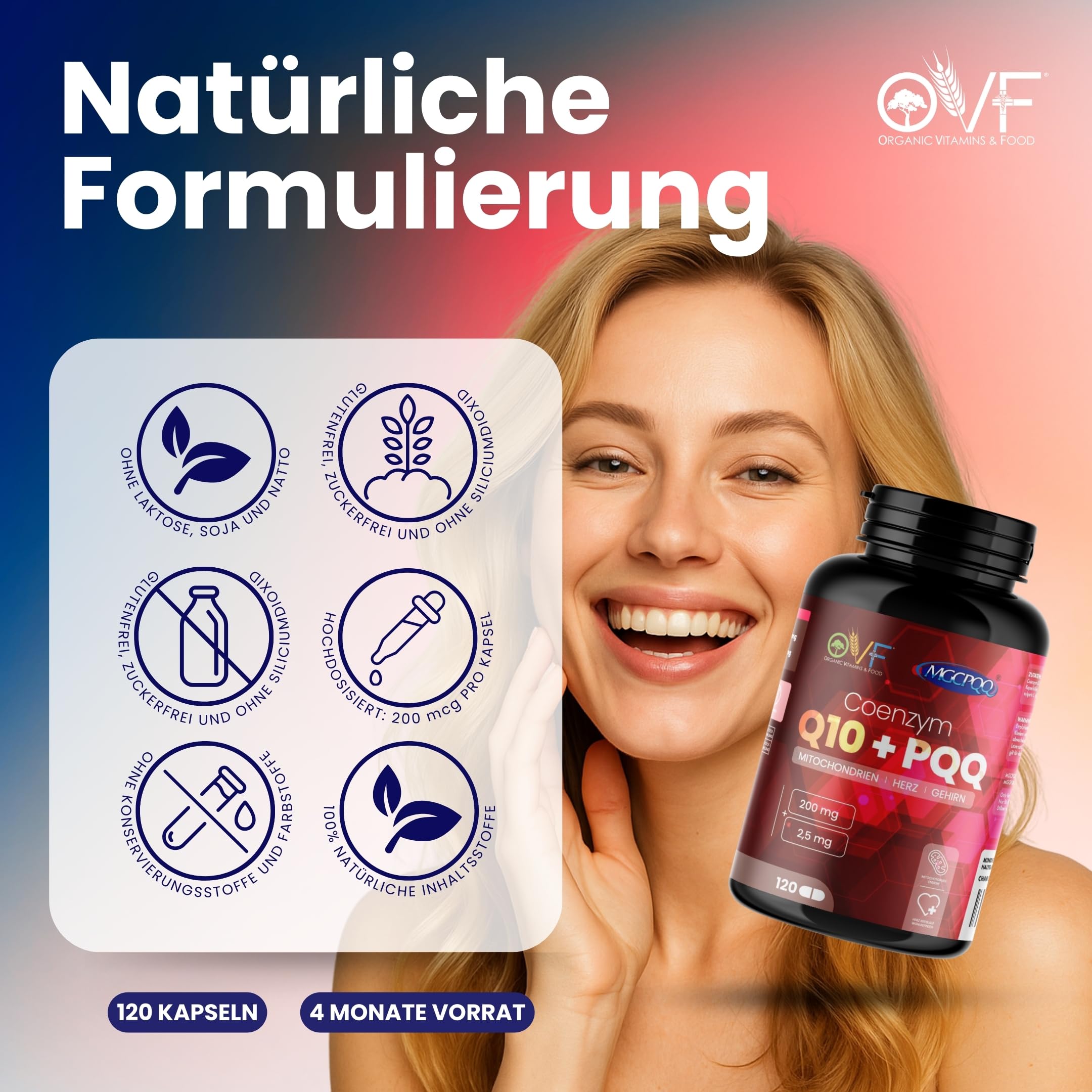 OVF Coenzym Q10 + Pqq 120 Kapseln 200mg Coenzym Q10 Kapseln Hochdosiert Coq10 Nahrungsergänzungsmittel Energía y Bienestar Reduce el Cansancio Antioxidantien Hochdosiert Vegan Made In Italy