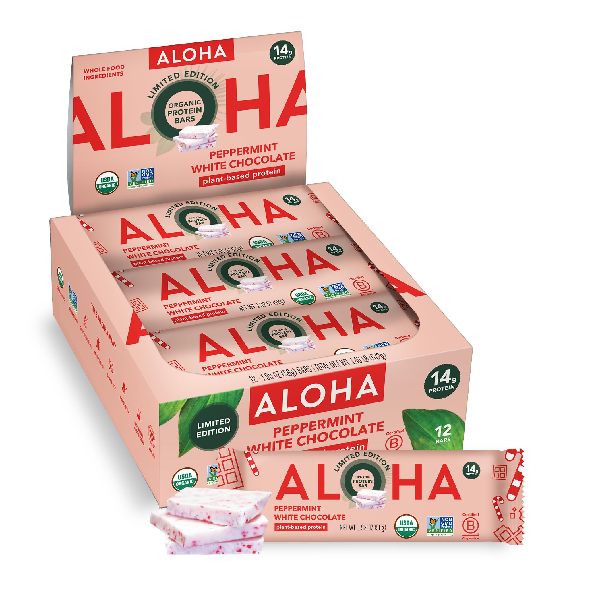 ALOHA 12 x Plant Based Bioprotein Bars Peppermint Chocolate Vegan Low Sugar Gluten Free Paleo Low Carb GMO Free No Stevia No Erythritol Limited Edition