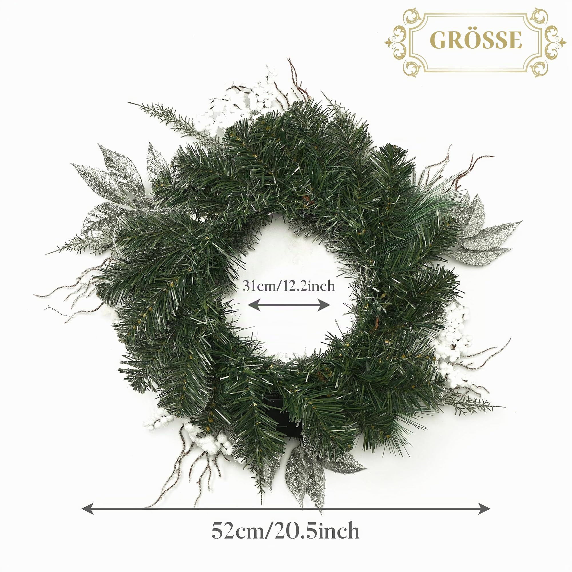 Valery Madelyn 52cm Weihnachtskranz Türkranz Groß, haustür weihnachtskranz Weiß Silber,Adventskranz mit 15 Led Timer und Weihnachtskugeln Schleife für Weihnachtsdeko Feste Advent,Adventsgesteck