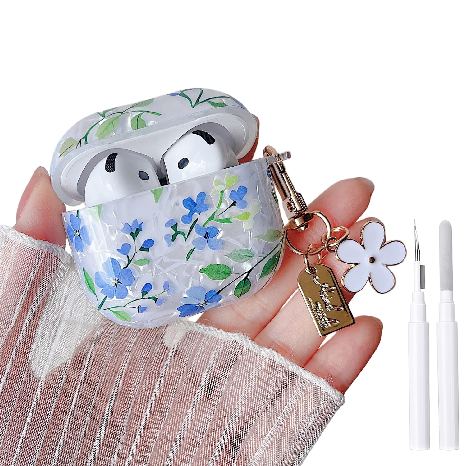 MINSCOSE for Glitter AirPods 4 Case,Cute Shell Pattern Flower Design with Floral Keychain,Soft TPU Anti-Drop Shockproof Cover with Cleaner Kit for Women Girls for AirPods 4-Blue Flower