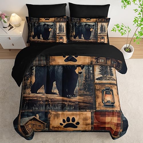 AILONEN Juego de edredón de oso rústico negro, tamaño individual, cama suave de 7 piezas en una bolsa, edredón retro de caza de vida silvestre,