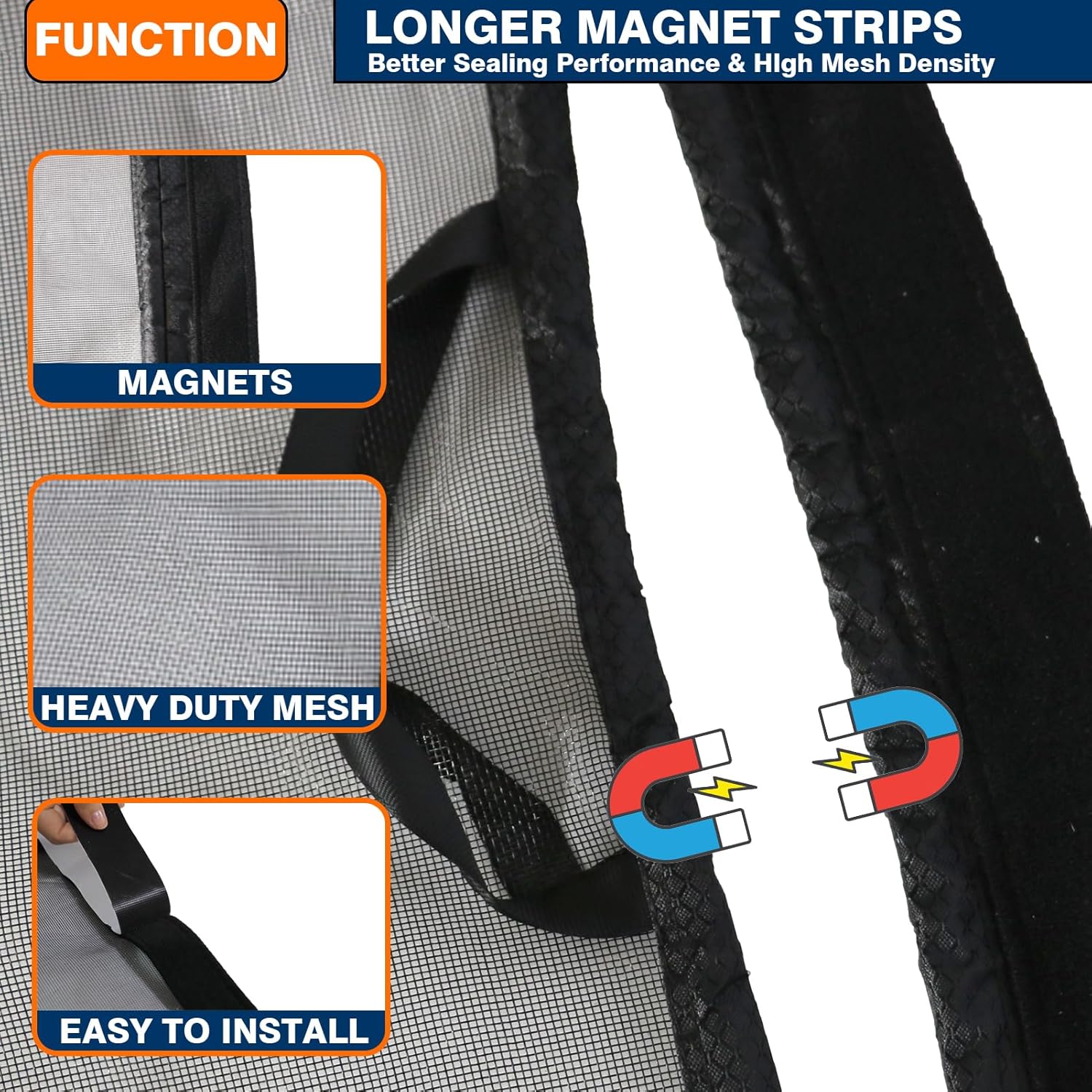 Magnetic Screen Door Reversible Left Right Side Opening Fiberglass Mesh Magnetic Closure for Front, Patio Sliding Door, White, 34 x 87 in