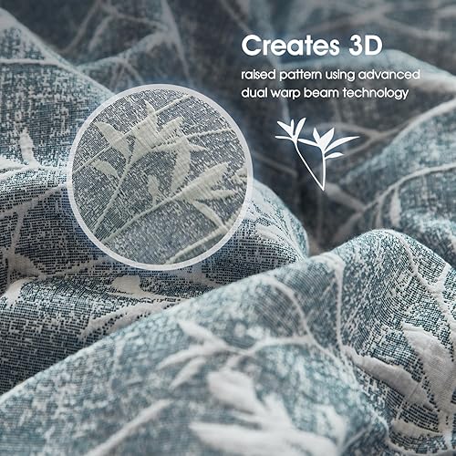 Miniatura 6 de Juego de funda de edredón tamaño King, mezcla de lino y algodón floral, con textura jacquard azul, fundas de edredón suaves con botón de coco (1