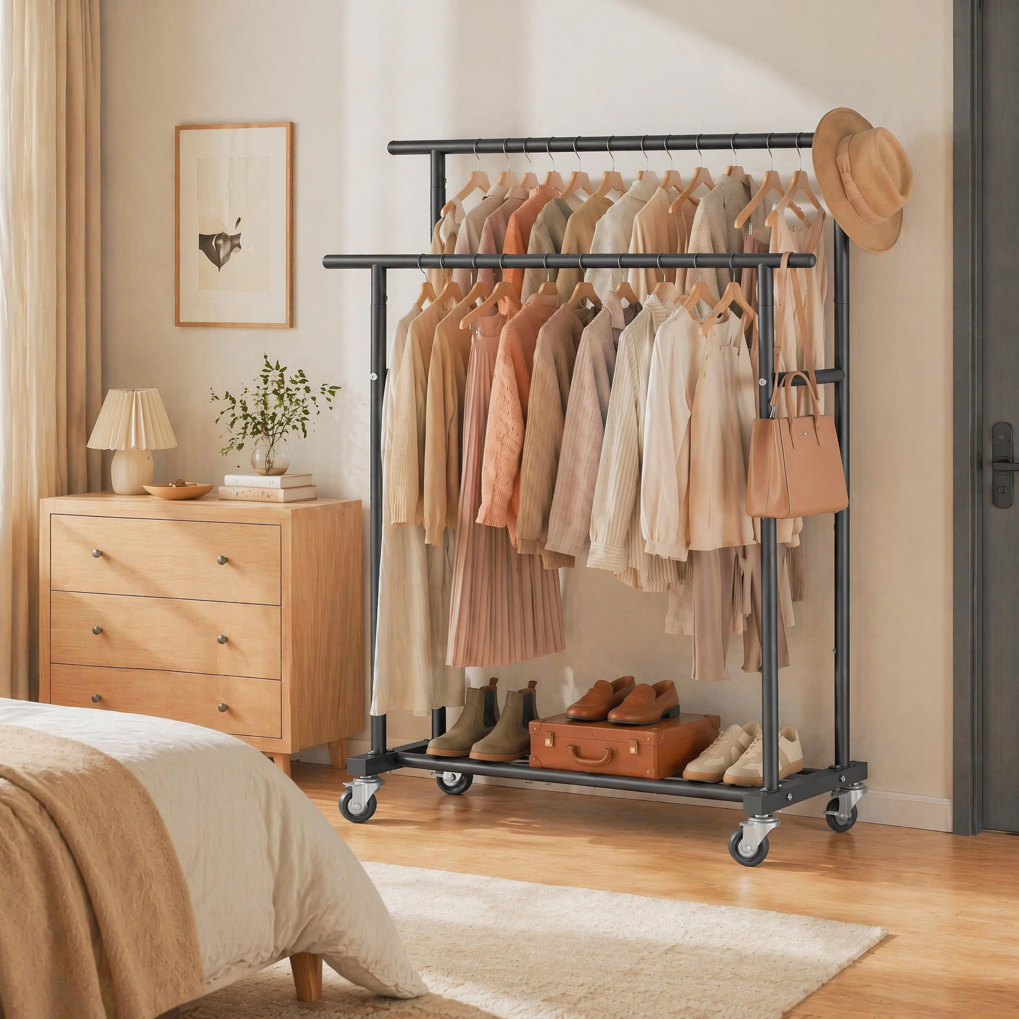 Calmootey Portant à vêtements à double tringle, porte-vêtements à roulettes, organiseur de vêtements portable pour chambre à coucher, salon, magasin de vêtements, noir | Tiges haute-basse, deux roues verrouillables, cadre en métal robuste, gain de place,