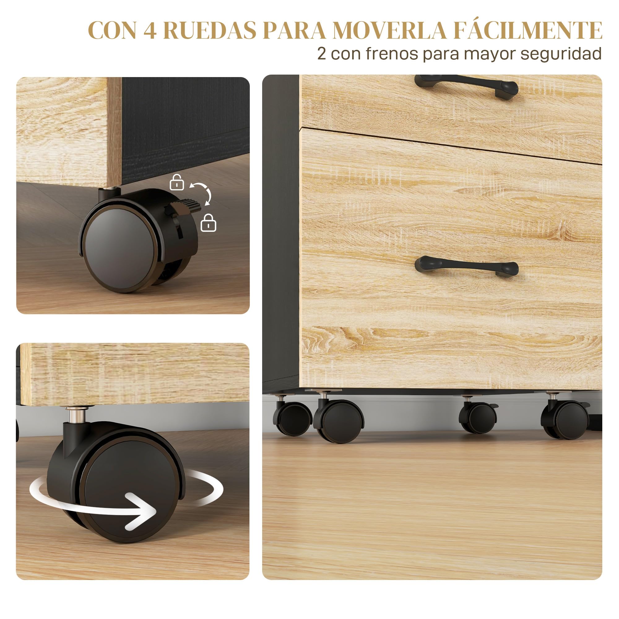 HOMCOM Cajonera de Oficina Mueble Archivador con 3 Cajones para Tamaño A4 Carta 4 Ruedas para Salón Estudio 40x42x65 cm Roble y Negro