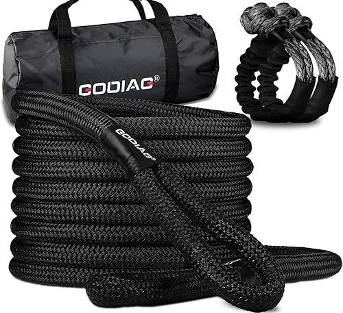 GODIAG Cuerda de remolque de recuperación cinética de 1 pulgada × 30 pies (46500 libras) Cuerda de energía resistente con 2 grilletes suaves, 30% de