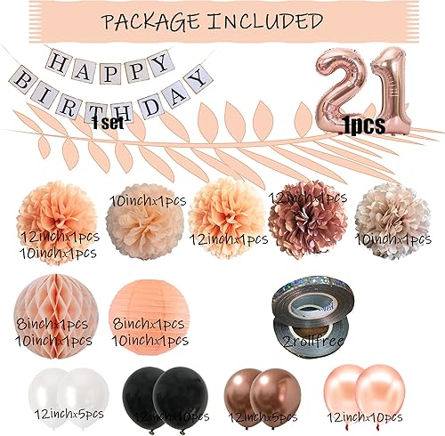 Miniatura 5 de Decoraciones de cumpleaños número 21 para niñas  Suministros de cumpleaños de feliz 21 años para ella con linterna de papel rosa melocotón pompones,