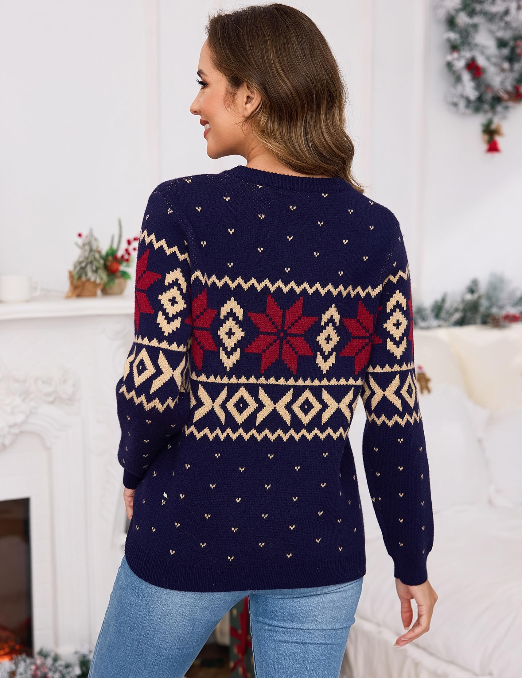 Terecey Jersey Navideño Mujer Gracioso Cálido Invierno Suéter Navideño con Estampado con Santa Claus y Copos de Nieve Ropa Navidad Merry Christmas 2025