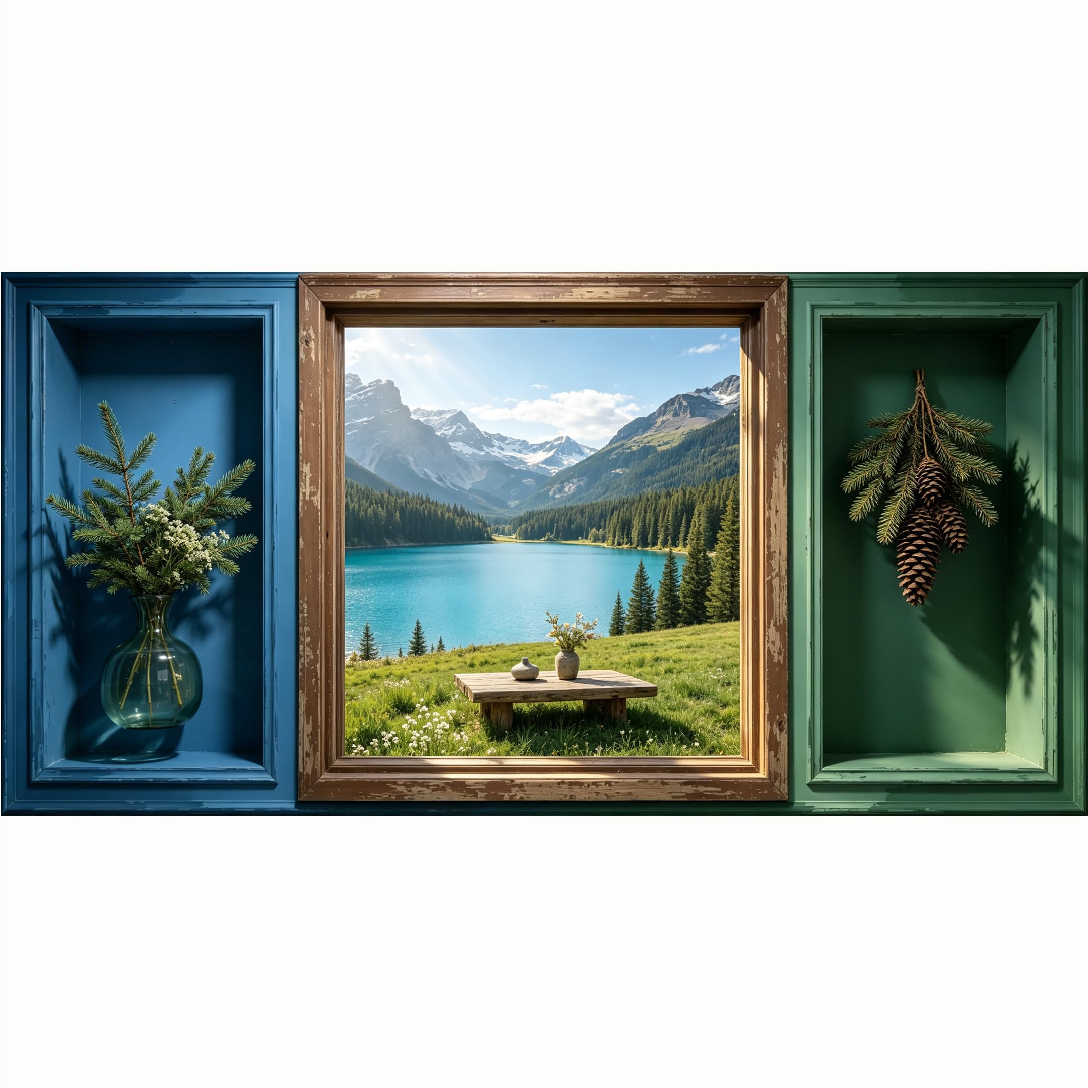 QZLITHOTIC 50x100cm 3D Framed Wall Art， Mountain Lake Landscape Scenery Self‑Adhesive Mural， Water‑Activated Peel & Stick Fabric Decor Wall Decal for Bedroom Living Room