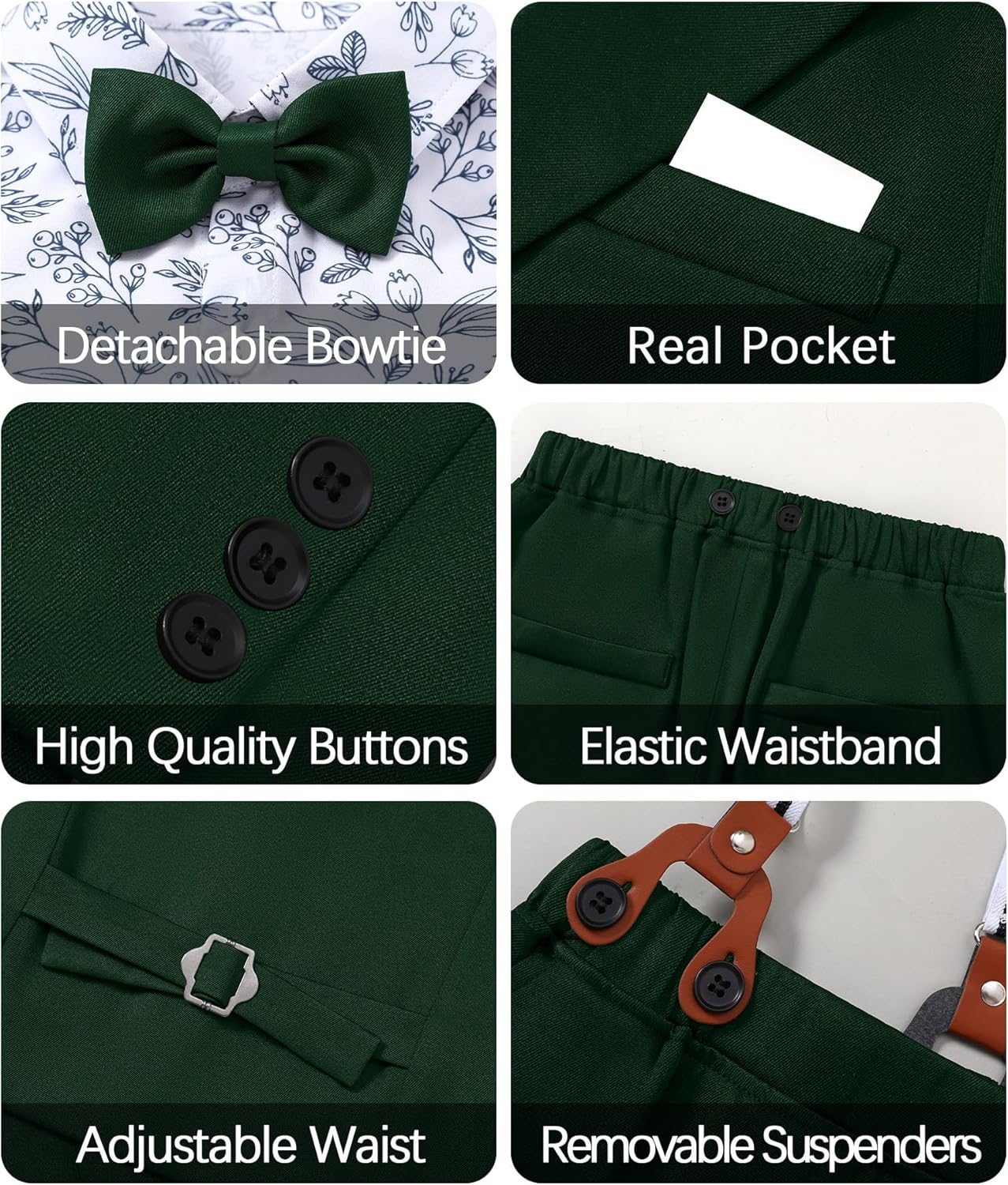 YUEMION Boy Suit Tuxedos Wedding Formal Kid Outfits 7Pcs Dress Shirt with Bowtie Vest Jacket Boutonniere Suspender Pants Set - Image 5