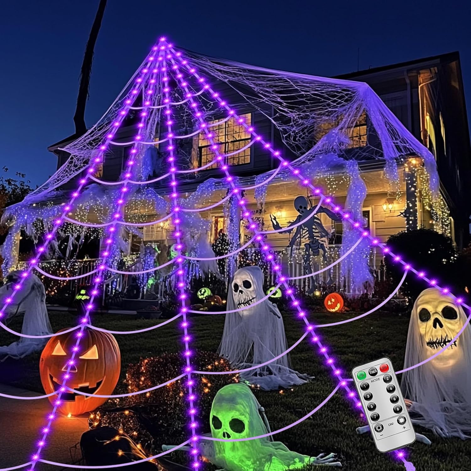 brighter spider webs halloween decorations lights,250 purple led light up,16.4ft 8 modes giant spiderweb with remote control,waterproof & timer,halloween decor for outdoor