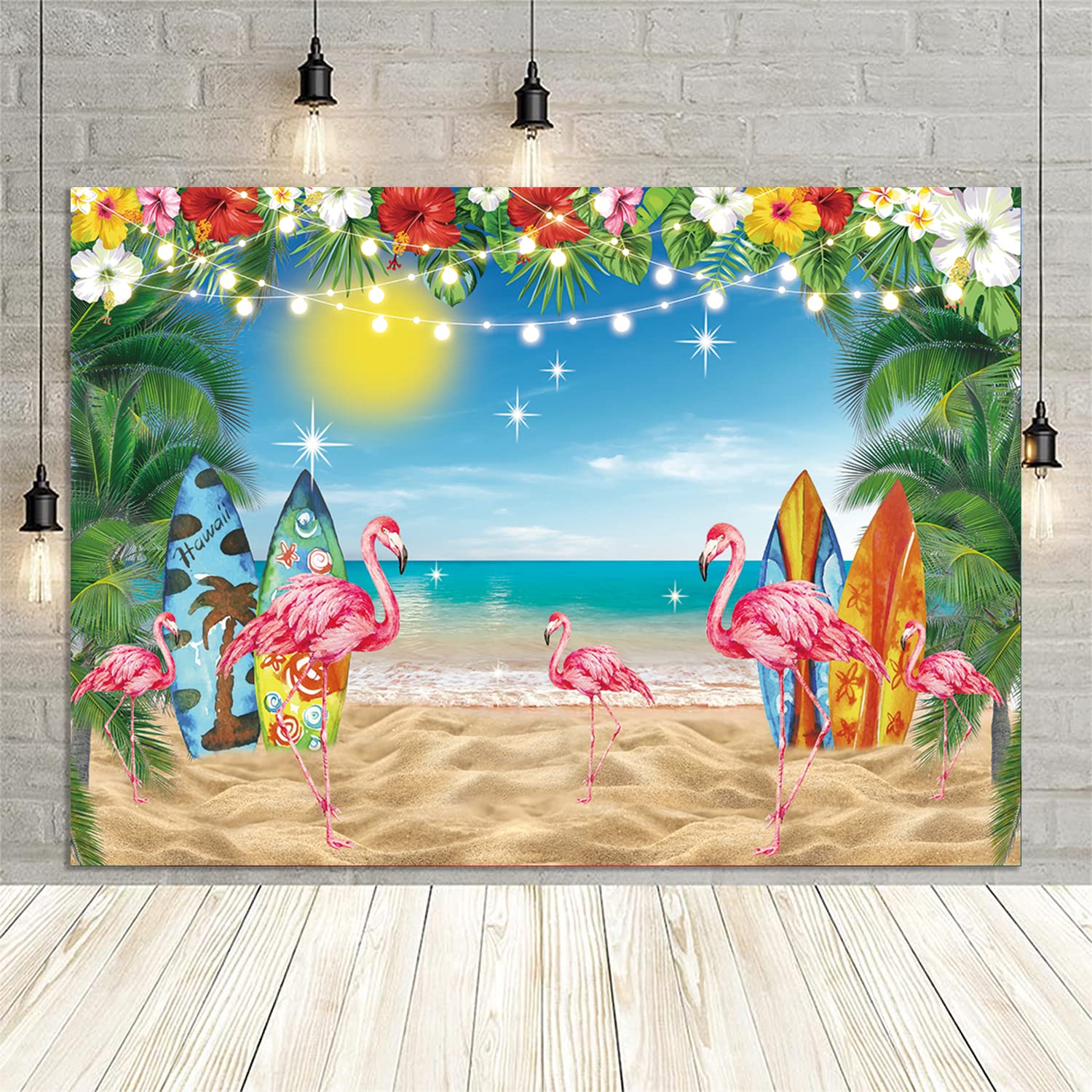 Hawaii Summer Beach Backdrop Tropical Summer Island Seaside Surf Background Sky Ocean Flamingo Palm Leaves Decoration Banner Aloha Luau Happy Party Photography Photo Props (8X6FT) - Image 3