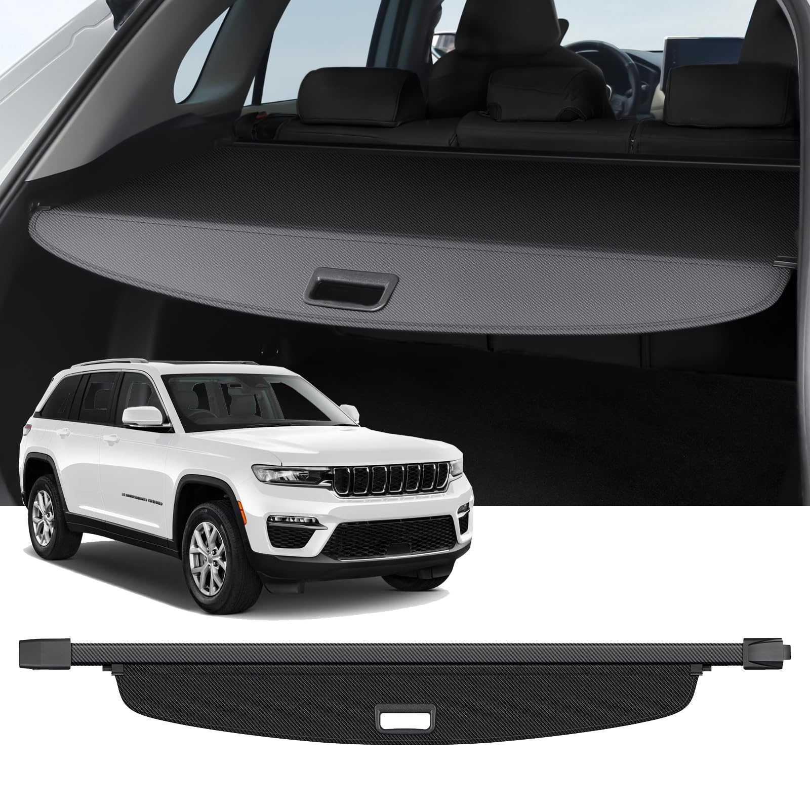 Bercicci Cargo Cover Compatible with Jeep Grand Cherokee 2022-2025 (2 Row; WL) Accessories Carbon Fiber Texture Retractable Trunk Cover Security Shield Luggage Privacy (Carbon Fiber Texture)
