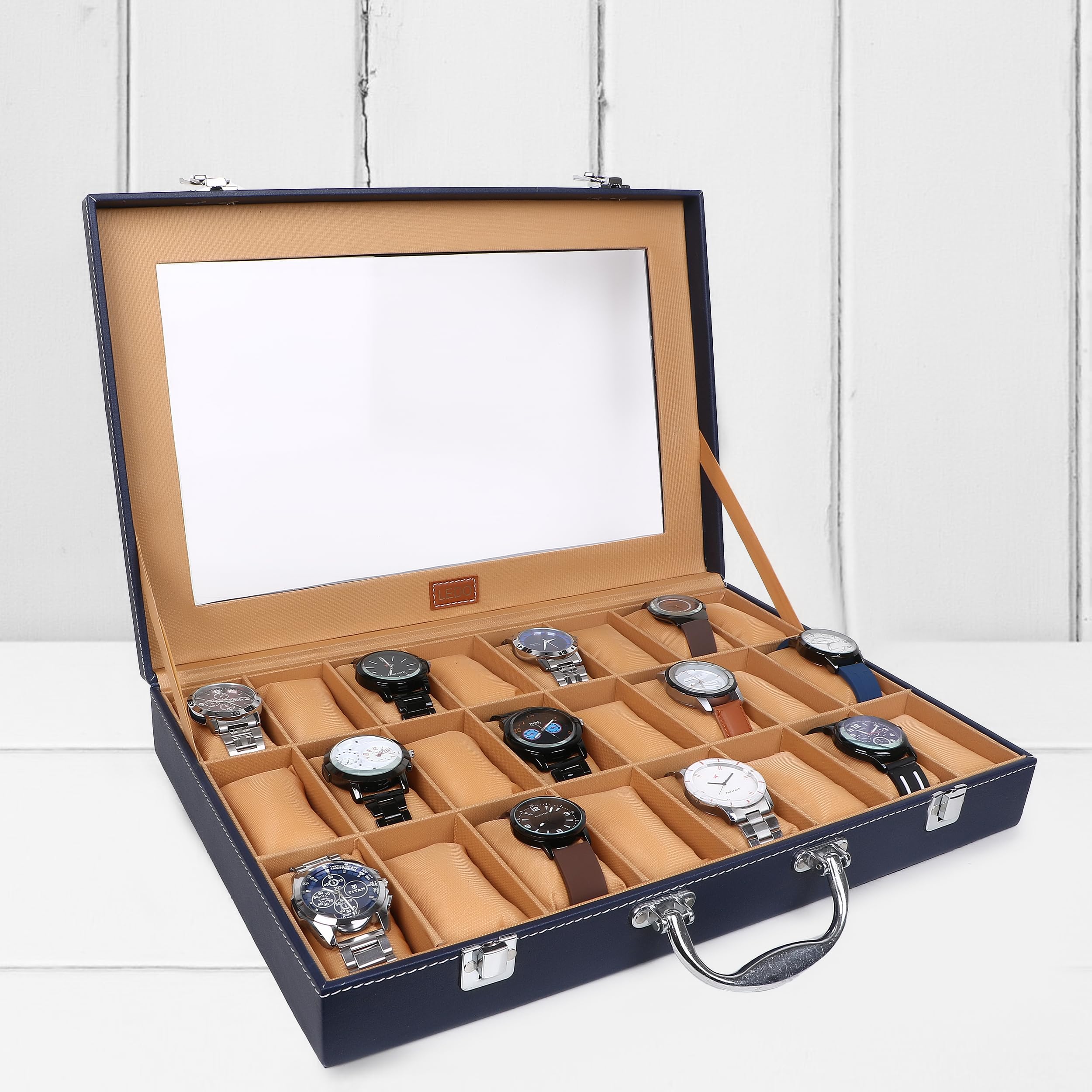 LEDO Watch Box Organizer with 24 Slots, PU Leather Case, Transparent Display, Blue and Cream Interior, Metal Clasp Lock, Rectangular Storage for Men and Women